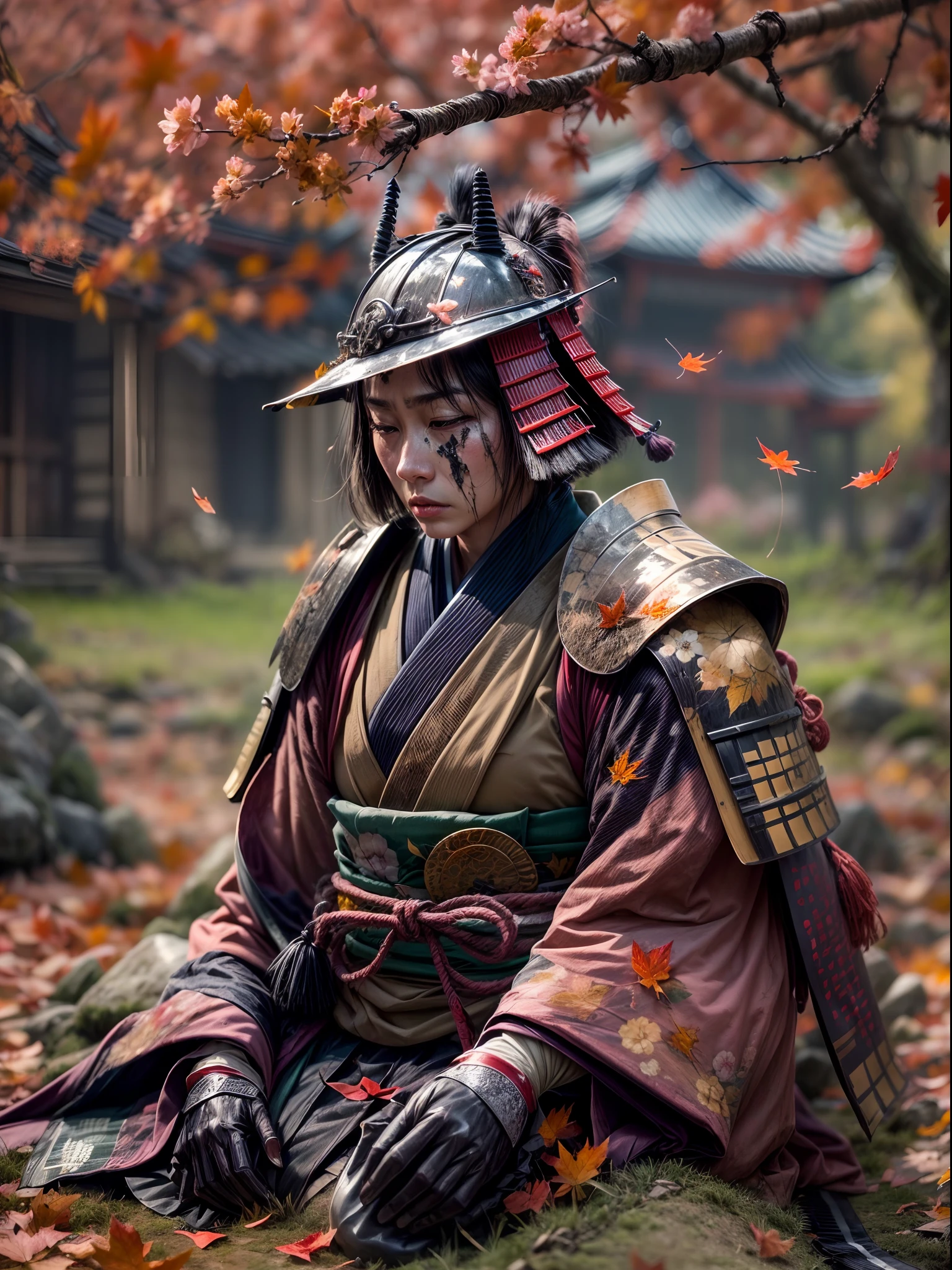 "(best quality,4k,8k,highres,masterpiece:1.2),ultra-detailed,realistic, HDR, autumn scene in Japan, flying autumn leaf, (broken, damaged, old) samurai armor, (kneeling, crouching) samurai, (falling, scattered) autumn leaves, (dirty, weathered) katana, (cracked, damaged) helmet, (vivid, vibrant) colors, (soft, warm) color palette, (natural, warm) lighting, (serene, peaceful) atmosphere, traditional Japanese landscape, (tranquil, quiet) ambiance, (rustling, gentle) breeze, hidden face, (mysterious, secretive) samurai, (forgotten, abandoned) battlefield, (tranquil, calm) energy, (nostalgic, wistful) scenery, (captivating, mesmerizing) autumn colors, (calm, serene) demeanor, (decayed, worn-out) surroundings, (lost, forgotten) battleground, fallen cherry blossom petals, delicate brushstrokes, essence of Japanese culture"