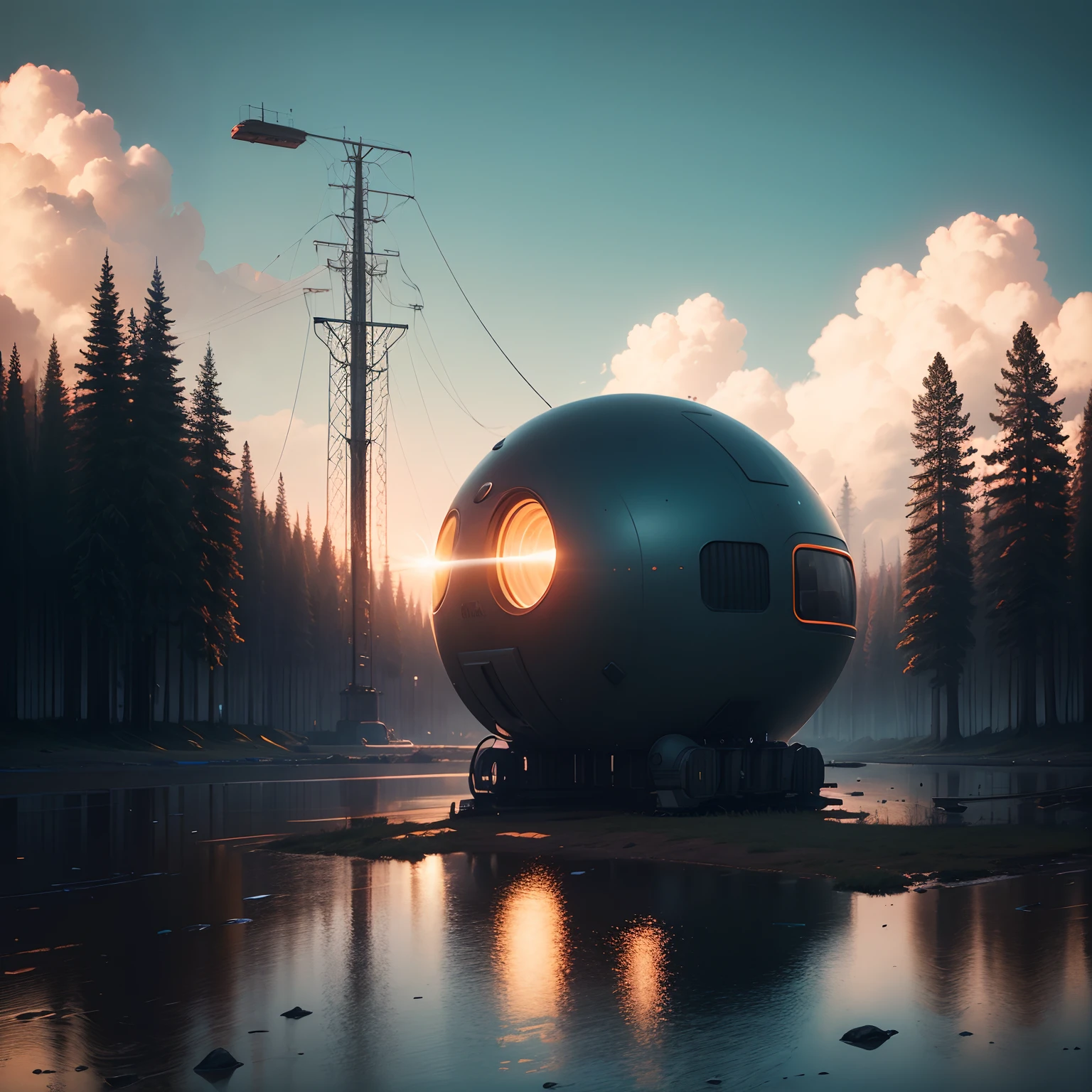 art inspired by Simon Stålenhag,Image very far from a truck carrying a black and futuristic alien spaceship, simon stälenhag, Direction: simon stålenhag, Color scheme Simon Stålenhag, . digital art, highly detailed Simon Stalinhag, stålenhag, forestSimon Stalinhag style, ship, cinematic film 4k Sony A7 IV 35mm