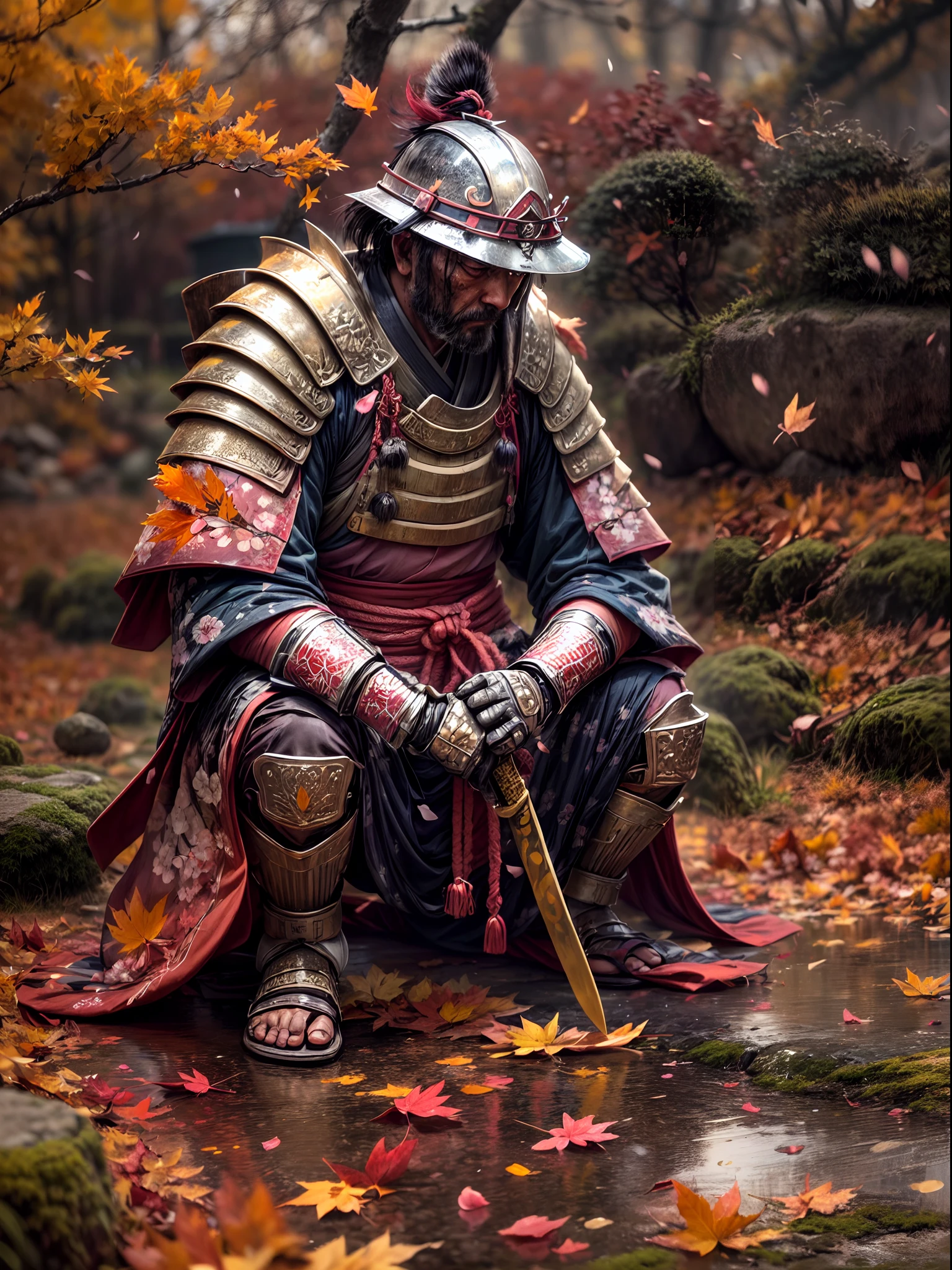 "(best quality,4k,8k,highres,masterpiece:1.2),ultra-detailed,realistic, HDR, autumn scene in Japan, flying autumn leaf, (broken, damaged, old) samurai armor, (kneeling, crouching) samurai, (falling, scattered) autumn leaves, (dirty, weathered) katana, (cracked, damaged) helmet, (vivid, vibrant) colors, (soft, warm) color palette, (natural, warm) lighting, (serene, peaceful) atmosphere, traditional Japanese landscape, (tranquil, quiet) ambiance, (rustling, gentle) breeze, hidden face, (mysterious, secretive) samurai, (forgotten, abandoned) battlefield, (tranquil, calm) energy, (nostalgic, wistful) scenery, (captivating, mesmerizing) autumn colors, (calm, serene) demeanor, (decayed, worn-out) surroundings, (lost, forgotten) battleground, fallen cherry blossom petals, delicate brushstrokes, essence of Japanese culture"