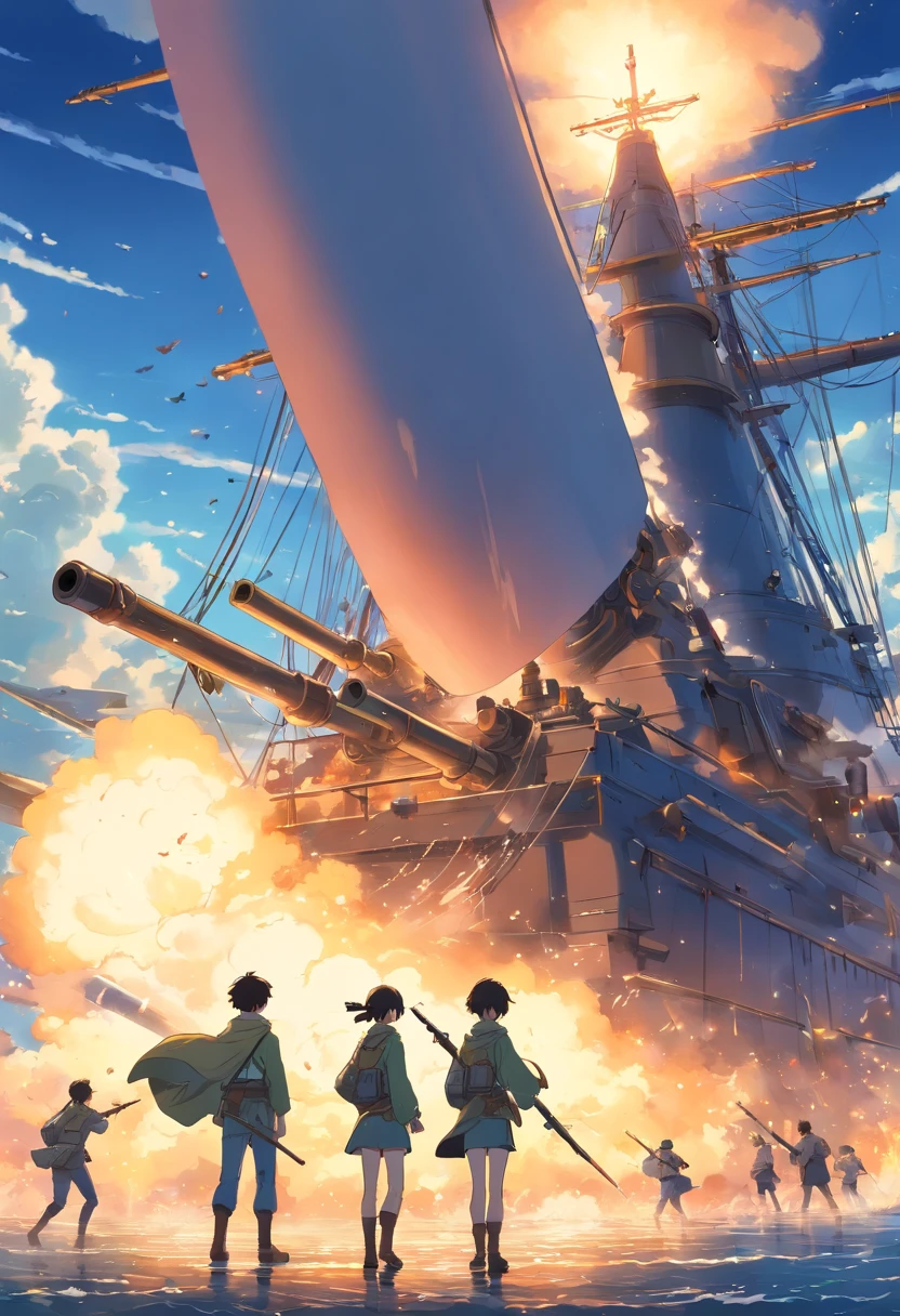 Foto en color de una batalla tumultuosa que tiene lugar en alta mar, with ships from different eras involved in a fierce naval conflict. The scene is a chaotic symphony of billowing candles, Roaring cannons, y olas rompiendo. un majestuoso, The Golden Age galleon collides with an elegant, Buque de guerra moderno, their cannons firing in a display of power and determination.
