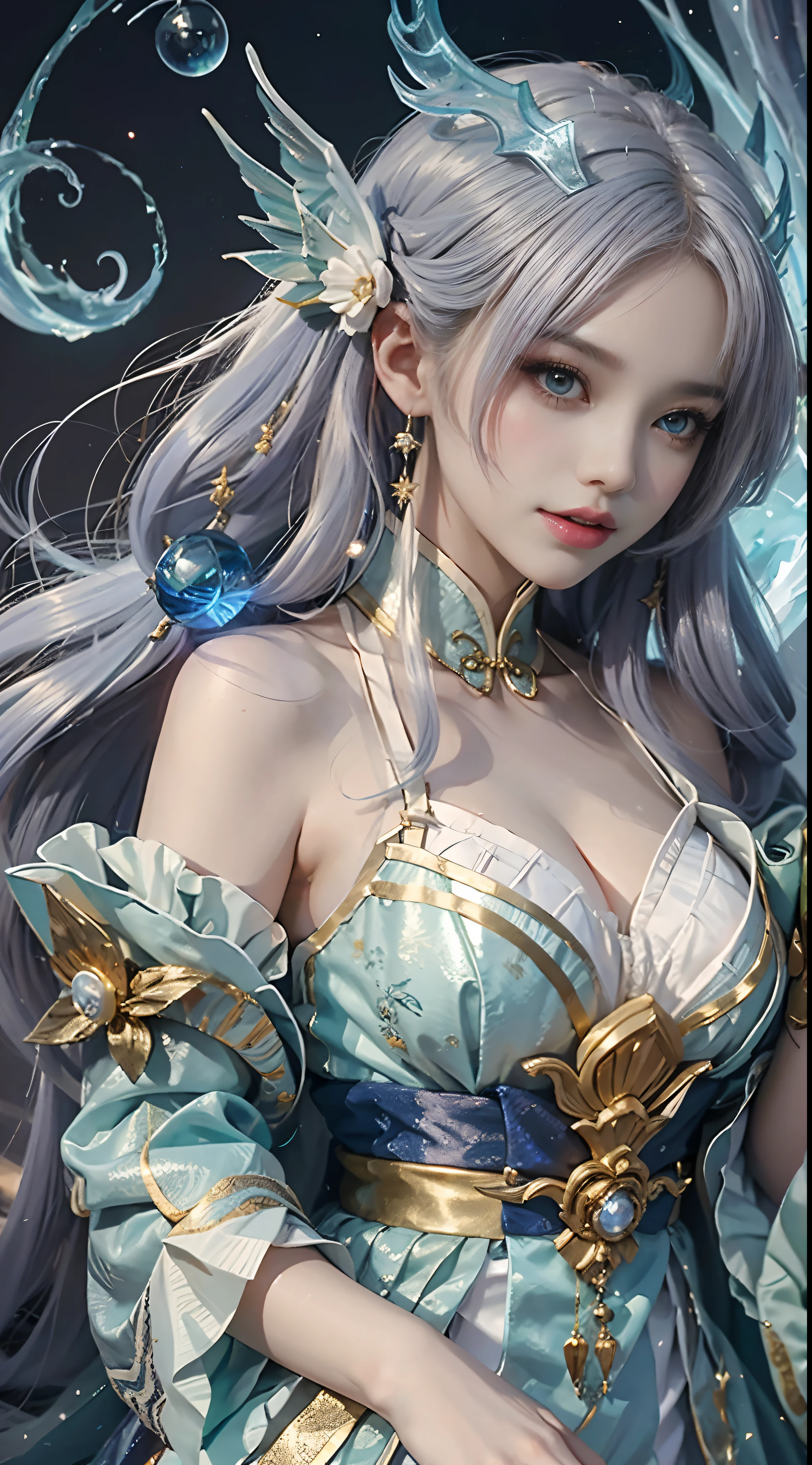 Close-up of a woman in costume on stage, Whole body xylose, Beautiful celestial mage, a stunning young ethereal figure, beautiful fantasy queen, astral witch clothes, shaxi, flowing magical robe, Hanfu Blanco, xianxia fantasy, belle delphine, Ethereal fantasy, elegant glamourous cosplay, heise jinyao,((lies on the ground)),((down view))