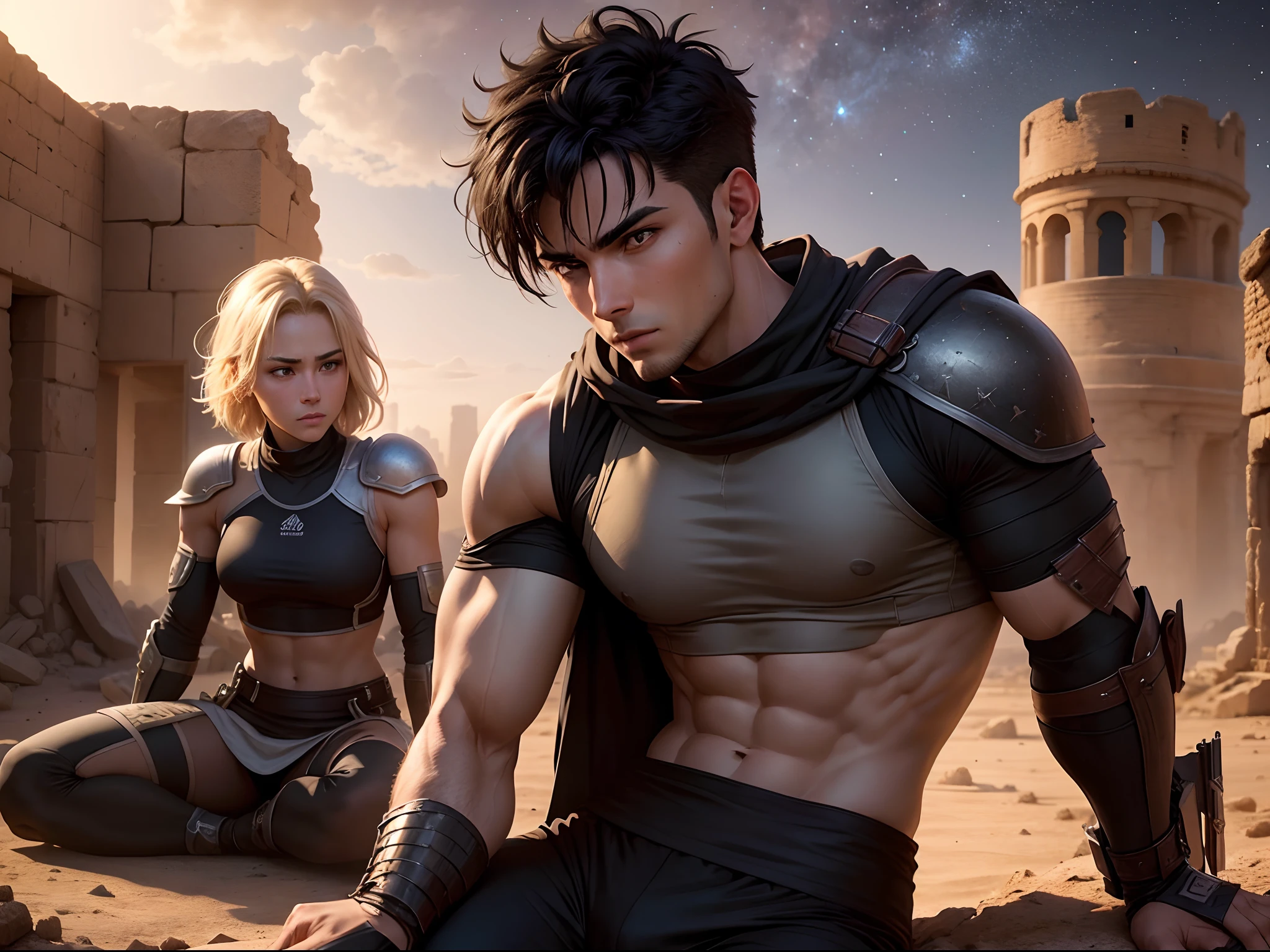 realistic image in 8k, of a strong 25-year-old man, with short black hair combed to the side, dressed in RPG warrior training attire, sitting amidst the ancient ruins of a city in the desert, contemplating the starry sky to the side of a blonde woman in training clothes, anime style art