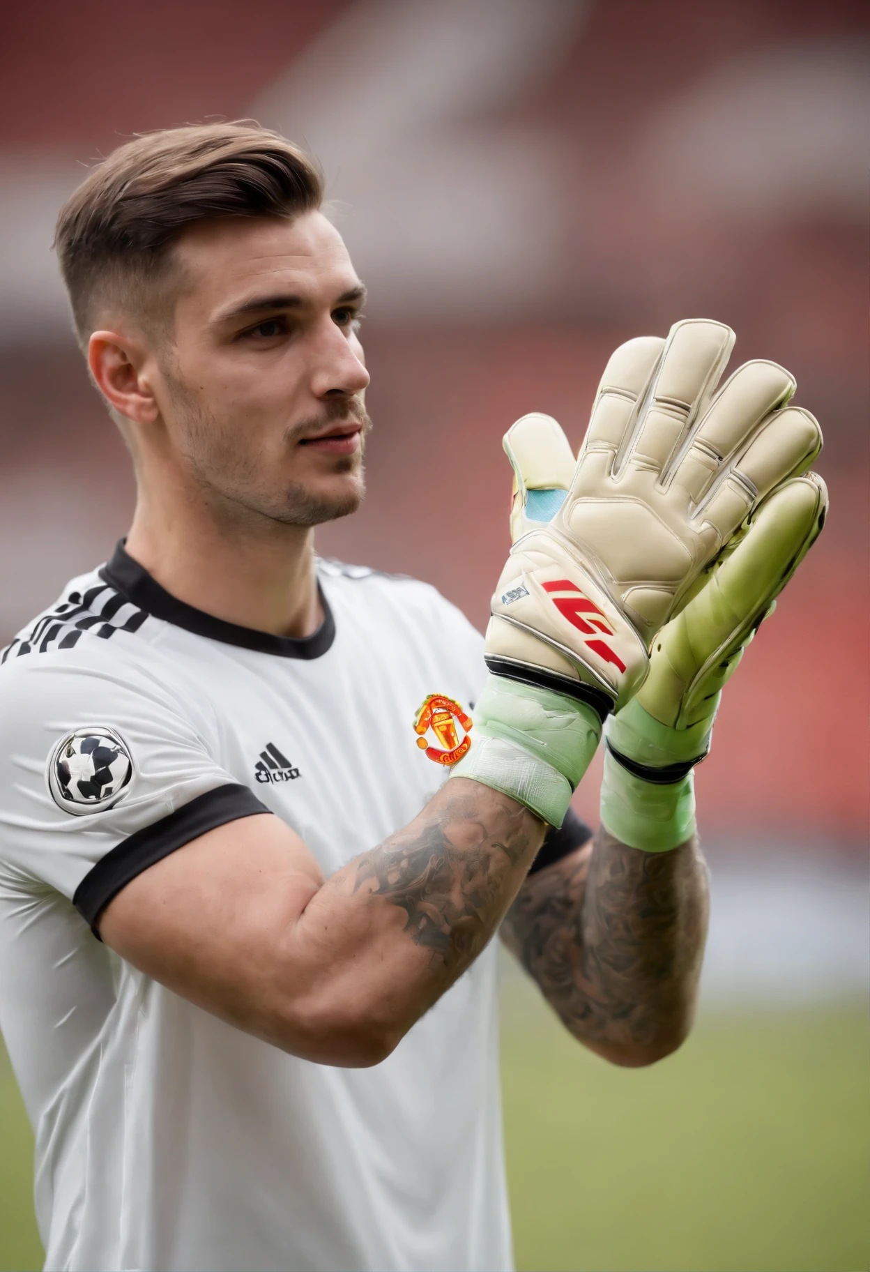 Homem Soccer Player Goalkeeper with goalkeeper's glove, in Manchester United, tatuagens