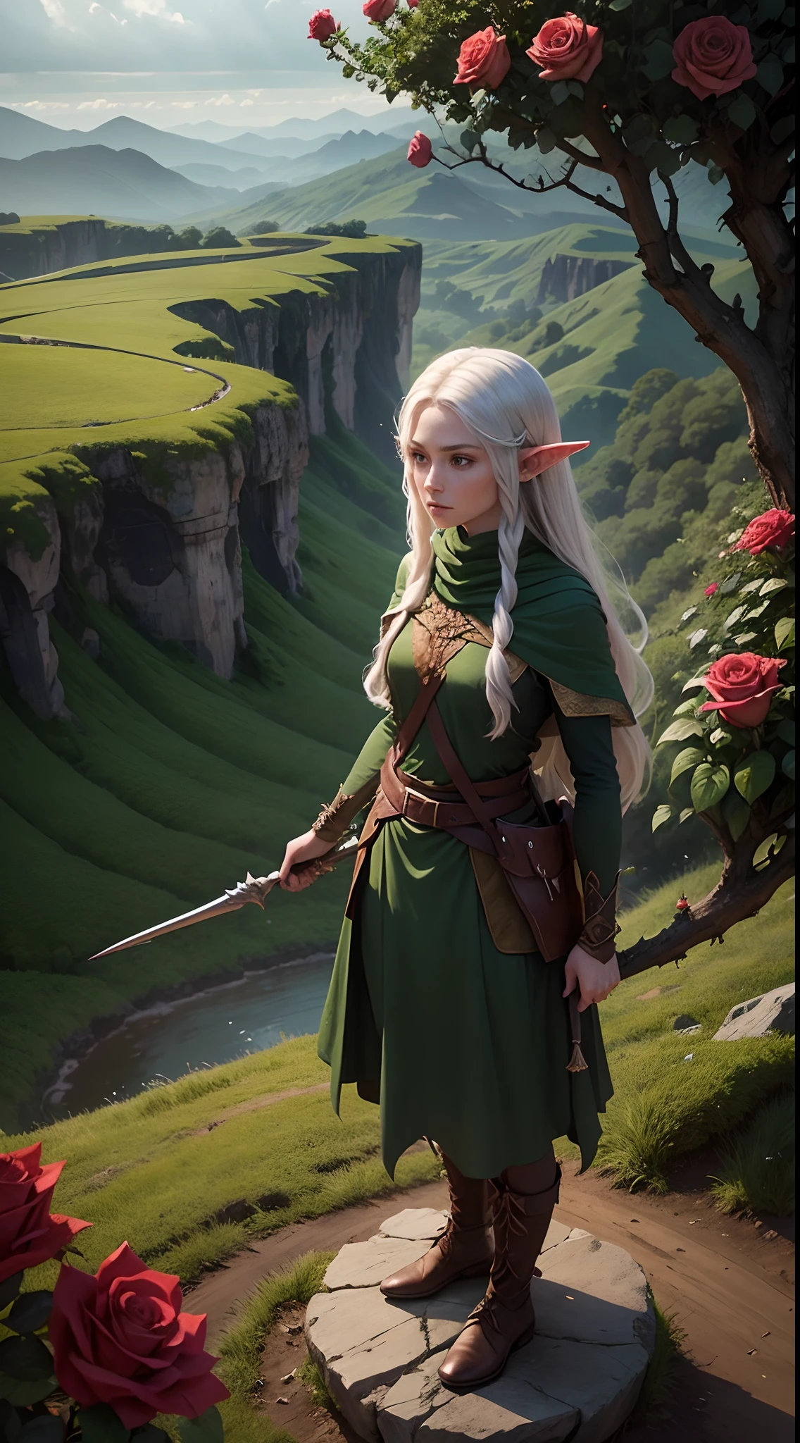 A lone elf standing atop a hill, defending against encroaching vines with a rose-imbued staff,
Determination, challenge,
Valor, defiance,
Elvish magic, rose-tangled defense, twilight glen, ethereal glow