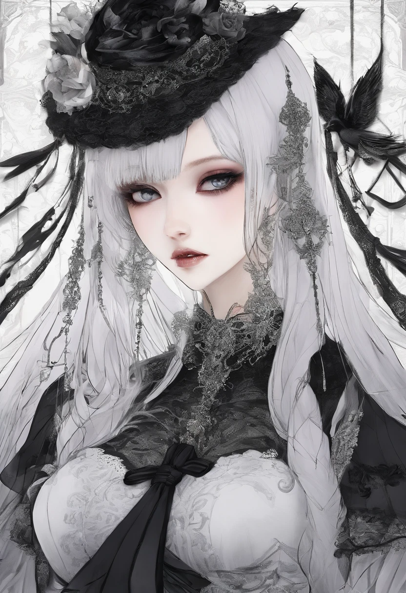 girl,long whitr hair,Wear a white shirt,Black coat,black lence stockings,a black skirt,校服,Masterpiece,8K