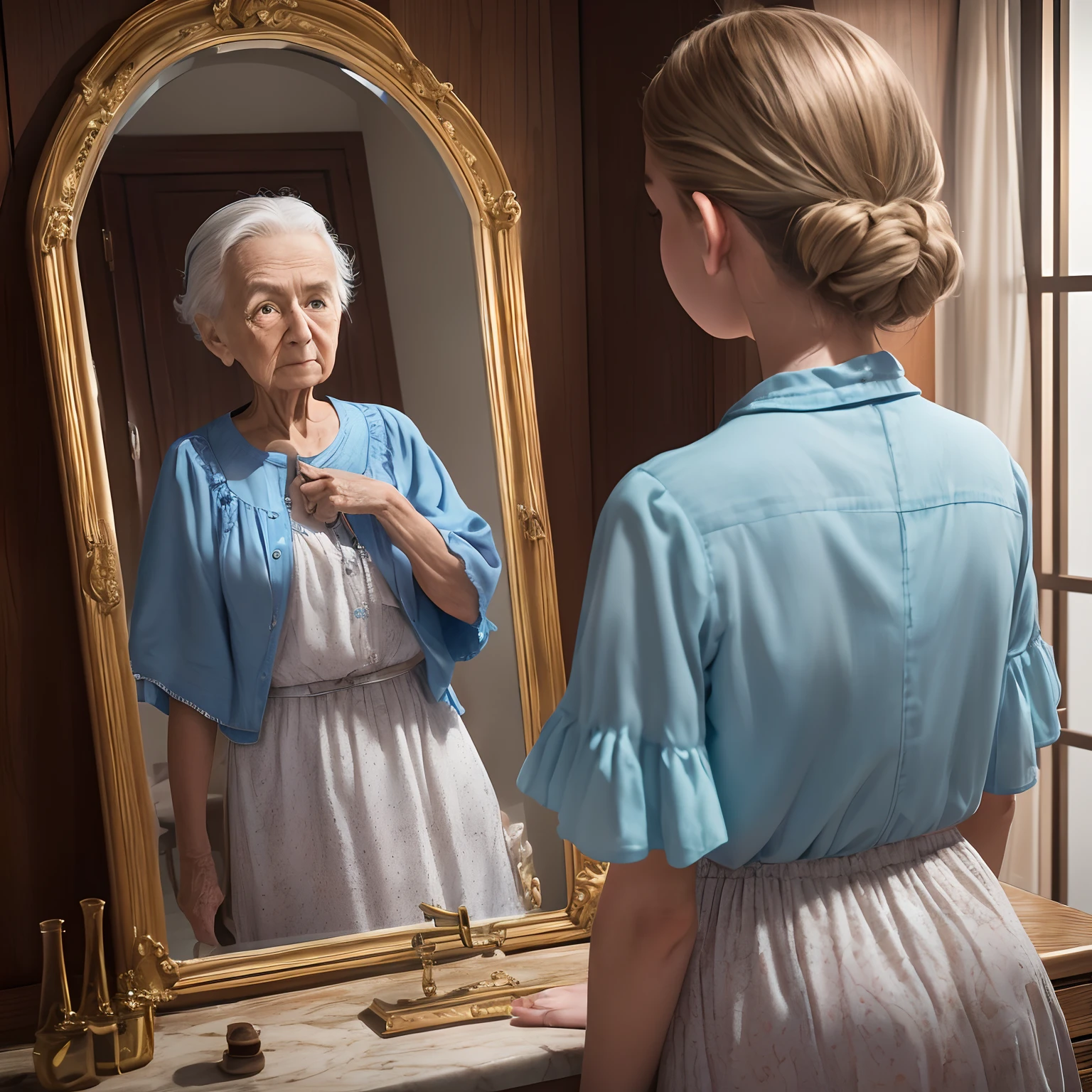 Magic Mirror Reflection, (vibrant background, clean background, Depth of field, Best Quality, 8K, RAW photo, Masterpiece:1.2), A young girl of looks at herself in the mirror and sees an old woman of 90 years old in the reflection, as if in the future