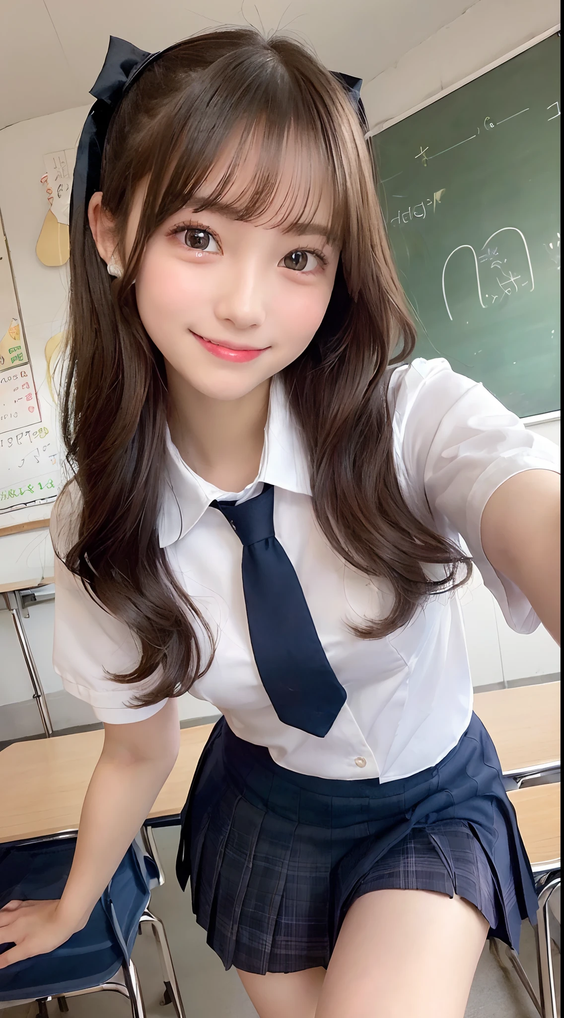((Angle from below:1.2)),(Angle viewed diagonally from below:1.2),Very cute woman,18year old,((School Uniforms:1.3)),A dark-haired,Hair Ribbon,Classroom,(masuter piece, Best Quality,Ultra-detailed:1.2),((A smile:1.4))