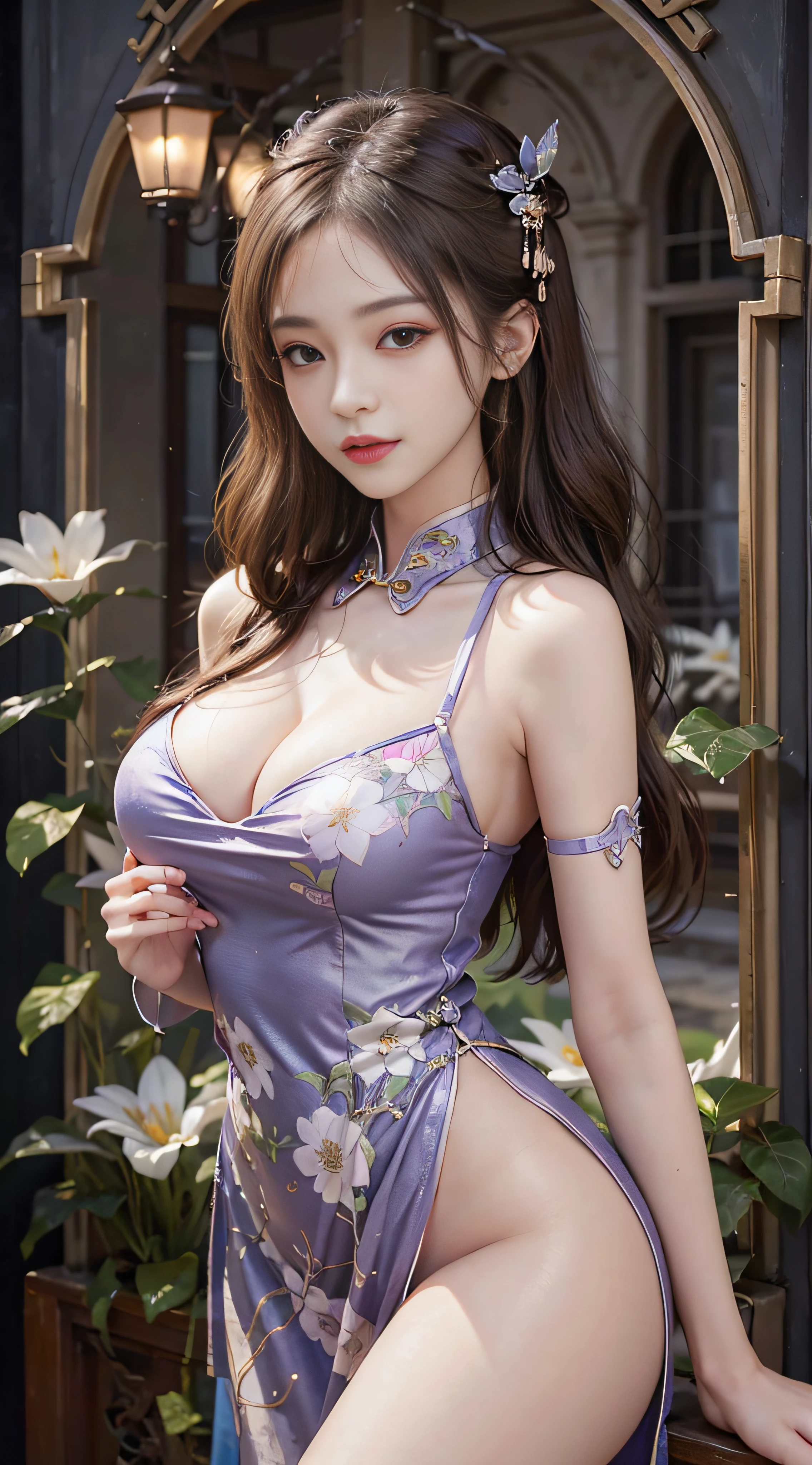(From the outside) , many color,Best quality at best,8K,real photograph,Delicate skin details,tmasterpiece,photograph of-realistic,Complicated details,RAW photogr,on the garden,ssmile,florals,Gorgeous cheongsam,sockes,Extra-long hair,cropped shoulders,delicated face,Expose cleavage,decorations,Perfect Finger,Dissection is correct,(Huge room,0.8),big cuvy hips,shiny skins,under moonlight