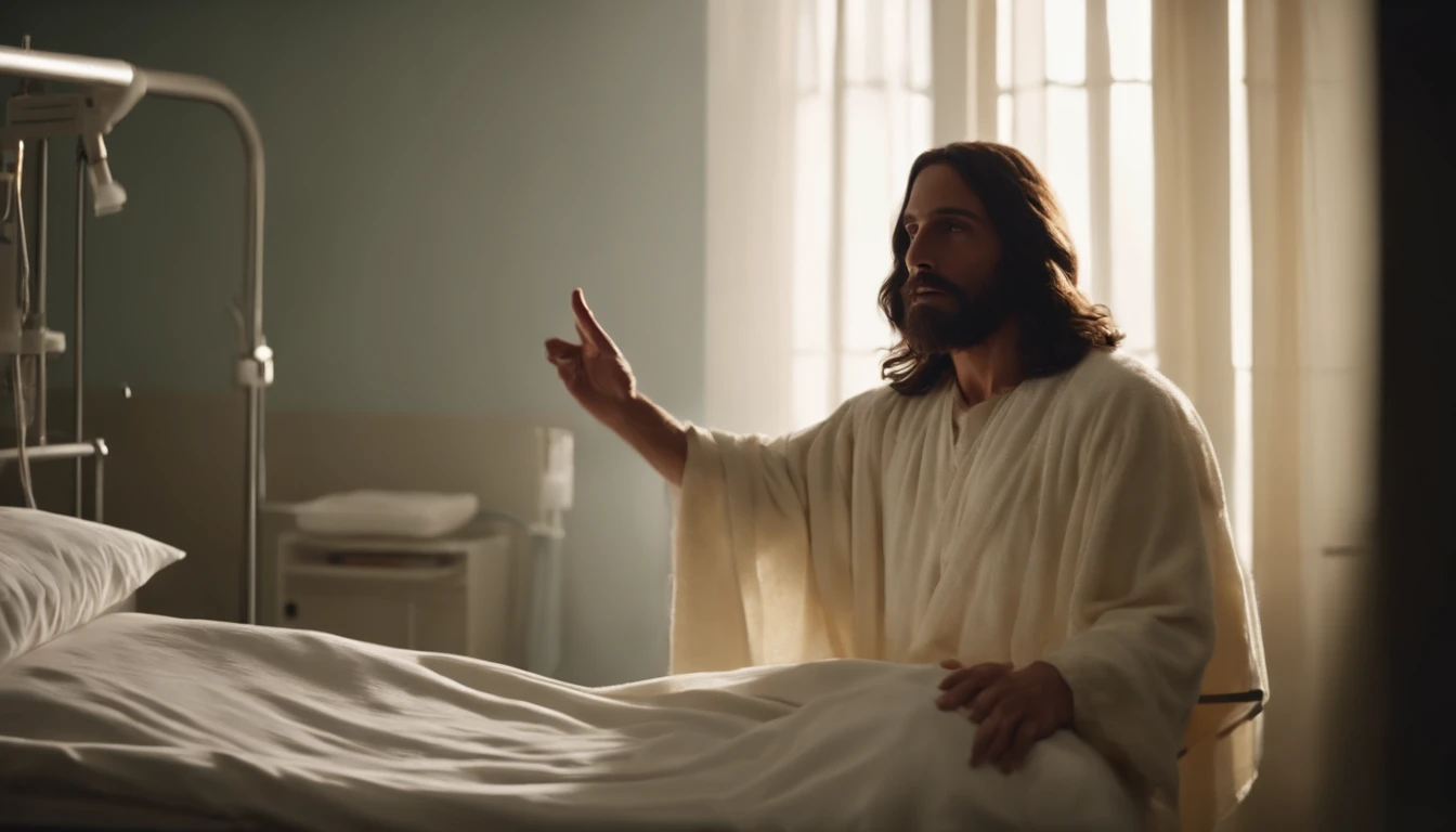 Jesus blessed the sick in the hospital, jesus visitando um hospital com as pessoas ao seu redor, jesus curando um doentes no hospital