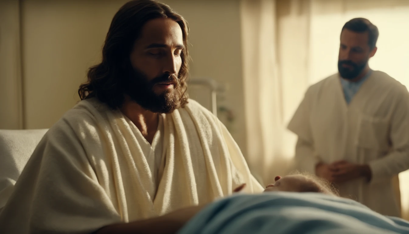 Jesus blessed the sick in the hospital, jesus visitando um hospital com as pessoas ao seu redor, jesus curando um doentes no hospital