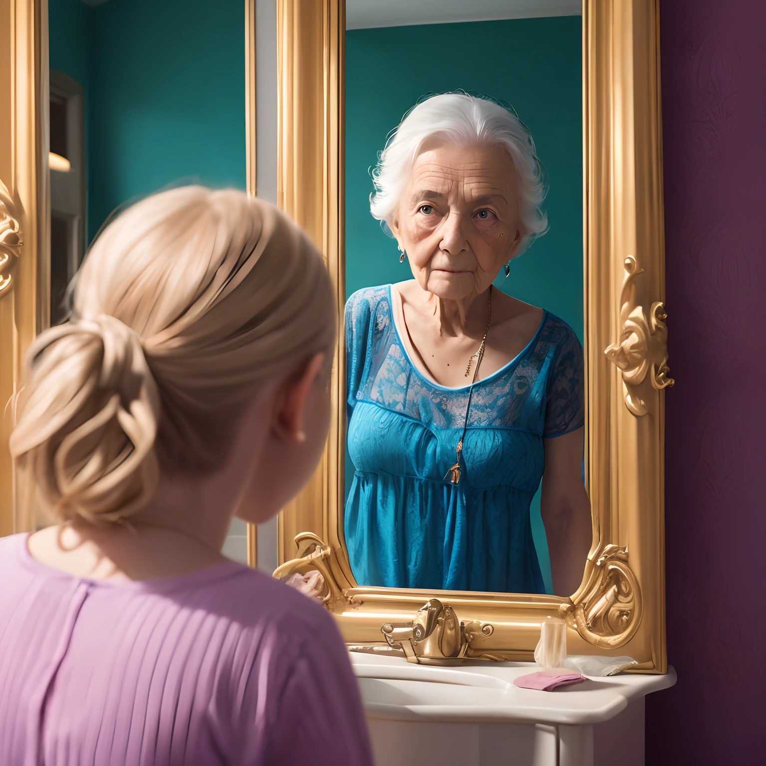 Magic Mirror Reflection, (vibrant background, clean background, Depth of field, Best Quality, 8K, RAW photo, Masterpiece:1.2), A young girl of  looks at herself in the mirror and sees an old woman of 90 years old in the reflection, as if in the future