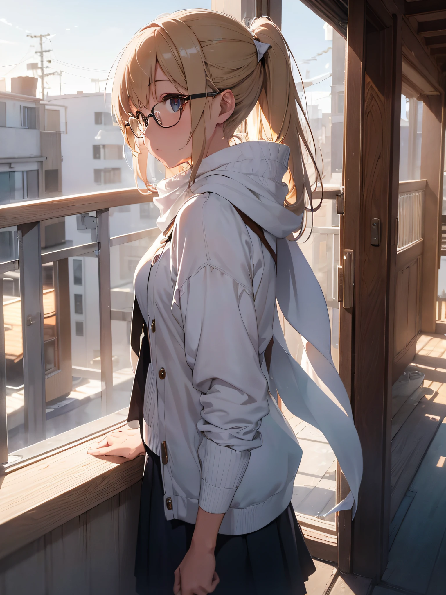 Girl in profile using glasses, light hair and delicate light yellow highlights, leaning on the balcony of her house observing the landscape, wearing a large white scarf, blowing cold smoke coming out of her mouth, snow, Winter, photography, (ultra -realistic), {extremely detailed 8k CG unity wallpaper}, expansive landscape photography, (a low angle view that prioritizes the elegance of scenery details, wide open field view), (low angle shot), ( high light: 1.0), (low light: 1.0), (warm light source: 1.5), complex details, (iridescent colors: 1.7), (bright lighting), (atmospheric lighting), dreamy, elegant, modern, current