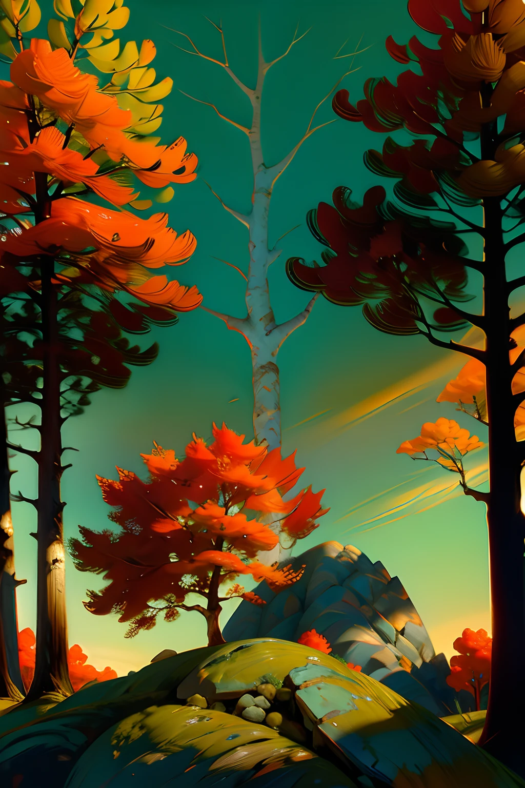 A painting of an autumn landscape, green trees and autumn trees, with a turtle on a rock, midday light.