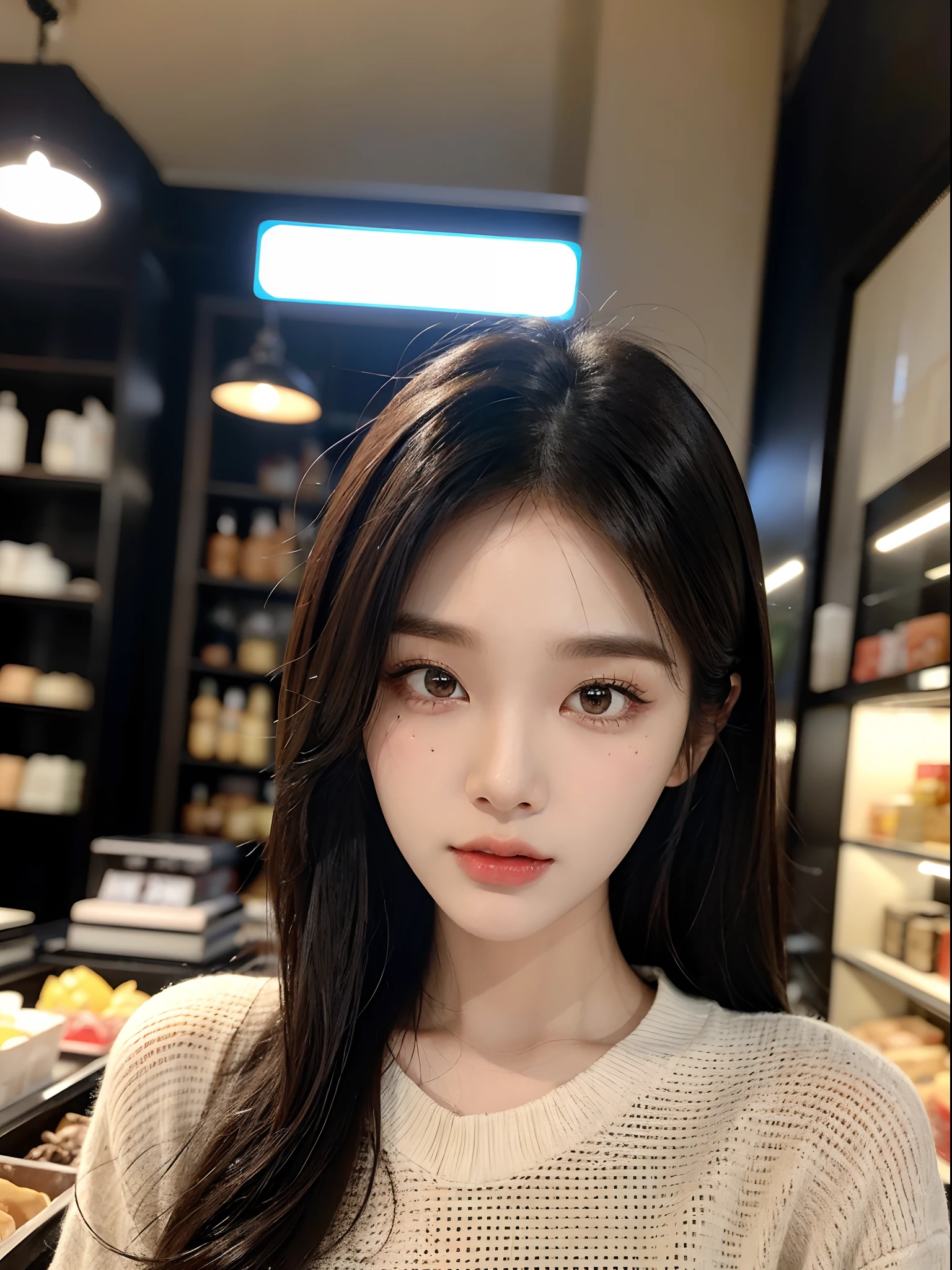 ​masterpiece、top-quality)、1 beutiful girl、Slim body、((Black and white plain clothes:1.1))、(Detailed beautiful eyes)、Walk around the store、((Boyish Brown Medium Hair))、((Smaller face))、((Neutral face))、((Face seen from the side))、((Light brown eyes))、((Korean Girl))、((18year old))、((cool lady))、((Wild look))、((Korean Makeup))、((elongated and sharp eyes))、((Happy dating))、((looking distantly))、((boyish))、((Shot from the same height as your face))、((Shorter than viewer))、((She is walking in front of the viewer))、((Engage your audience))