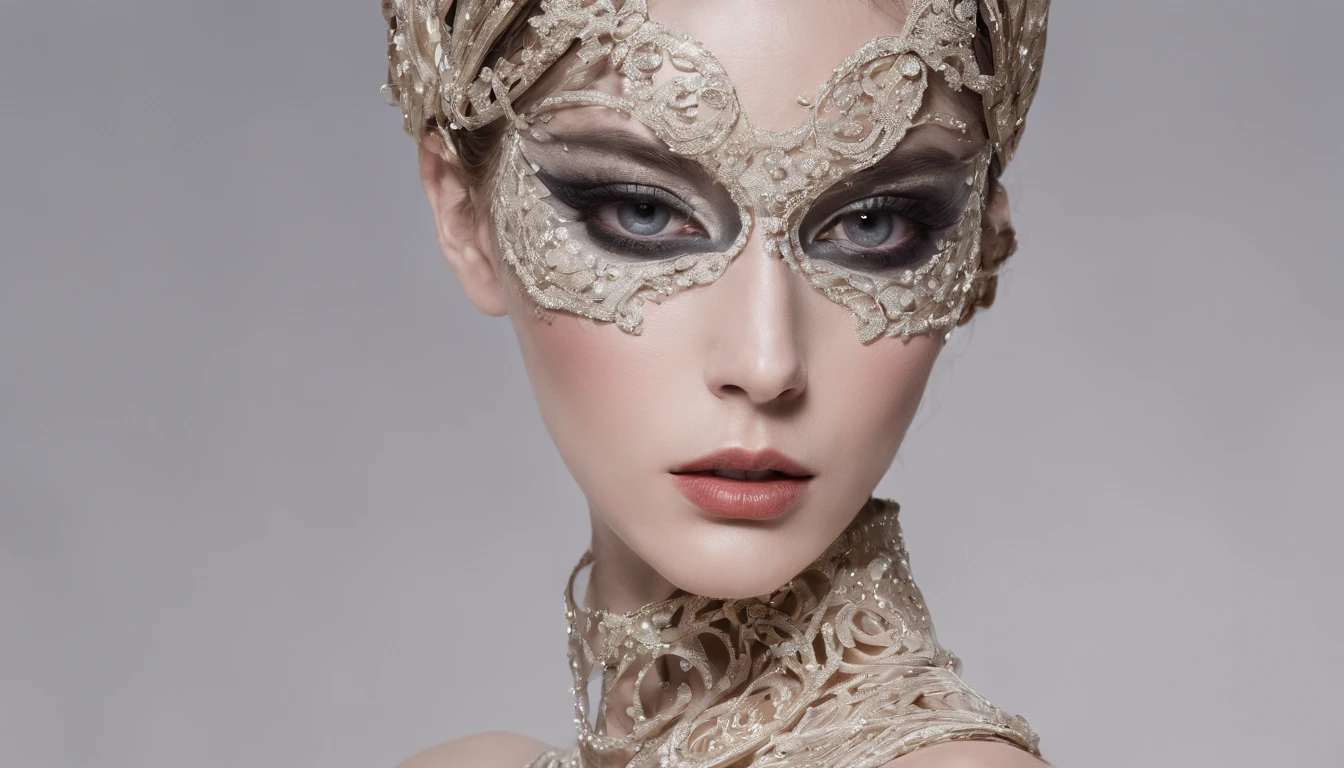 unconventional surrelaistic editorial at nighttime in Venice, a model wearing an elegant concept jewelry make up, Eye surrealistic schiaparelli jewelery woman on the eye of the model, futuristic minimalism, concept make up based on parametrical geometry, the geometry covering and decorating the face as a second skin asimmetrical way, set up in in Venice, asimmetrical make up, close up, the model look is in front of camera, haute couture concept design, subject - centered, hyper - detailed, elegance, filigree, scenographic lightEastman Kodak Color Negative film 5251 50T shot on panavision super ps