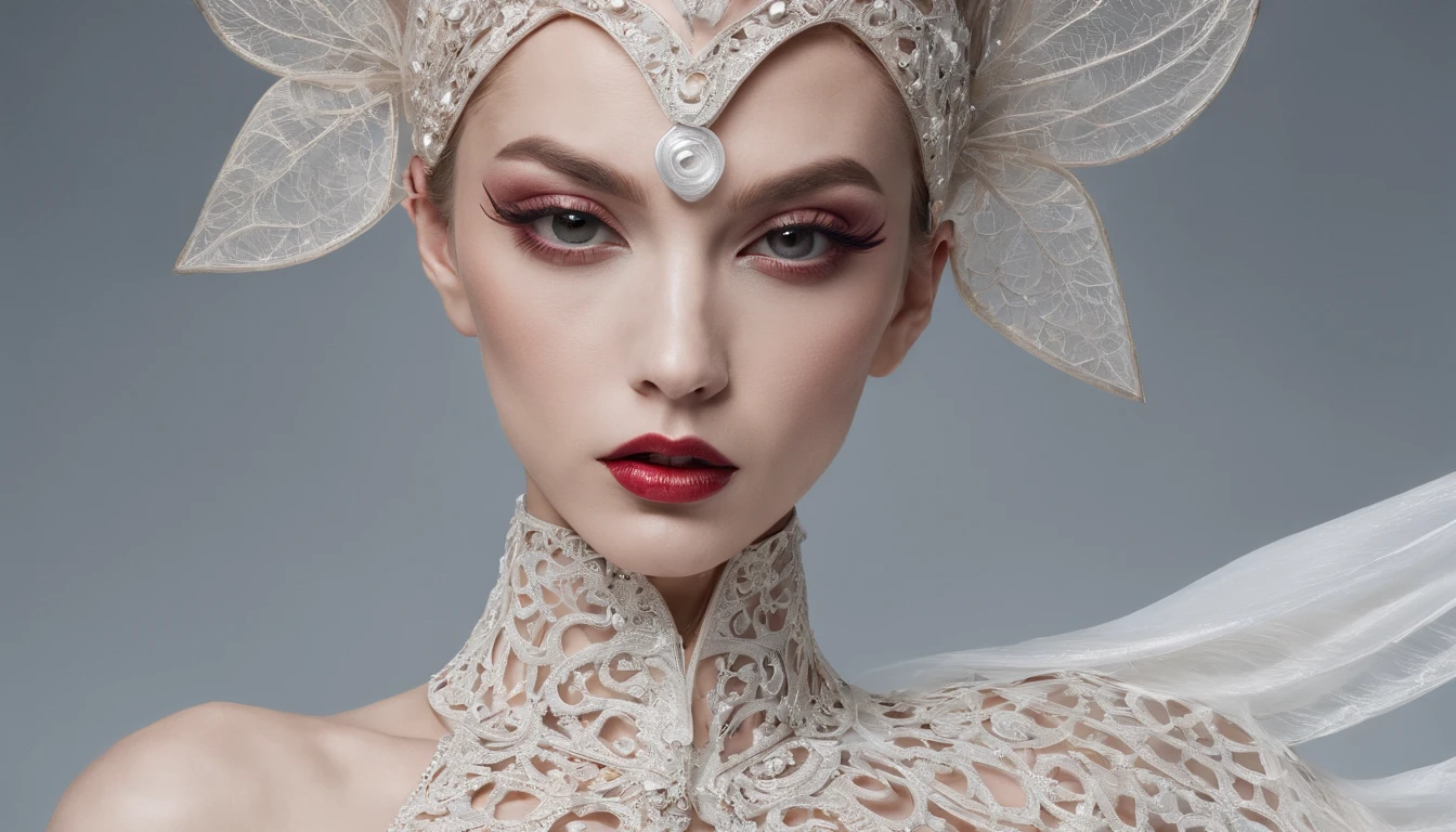 unconventional surrelaistic editorial at nighttime in Venice, a model wearing an elegant concept jewelry make up, Eye surrealistic schiaparelli jewelery woman on the eye of the model, futuristic minimalism, concept make up based on parametrical geometry, the geometry covering and decorating the face as a second skin asimmetrical way, set up in in Venice, asimmetrical make up, close up, the model look is in front of camera, haute couture concept design, subject - centered, hyper - detailed, elegance, filigree, scenographic lightEastman Kodak Color Negative film 5251 50T shot on panavision super ps
