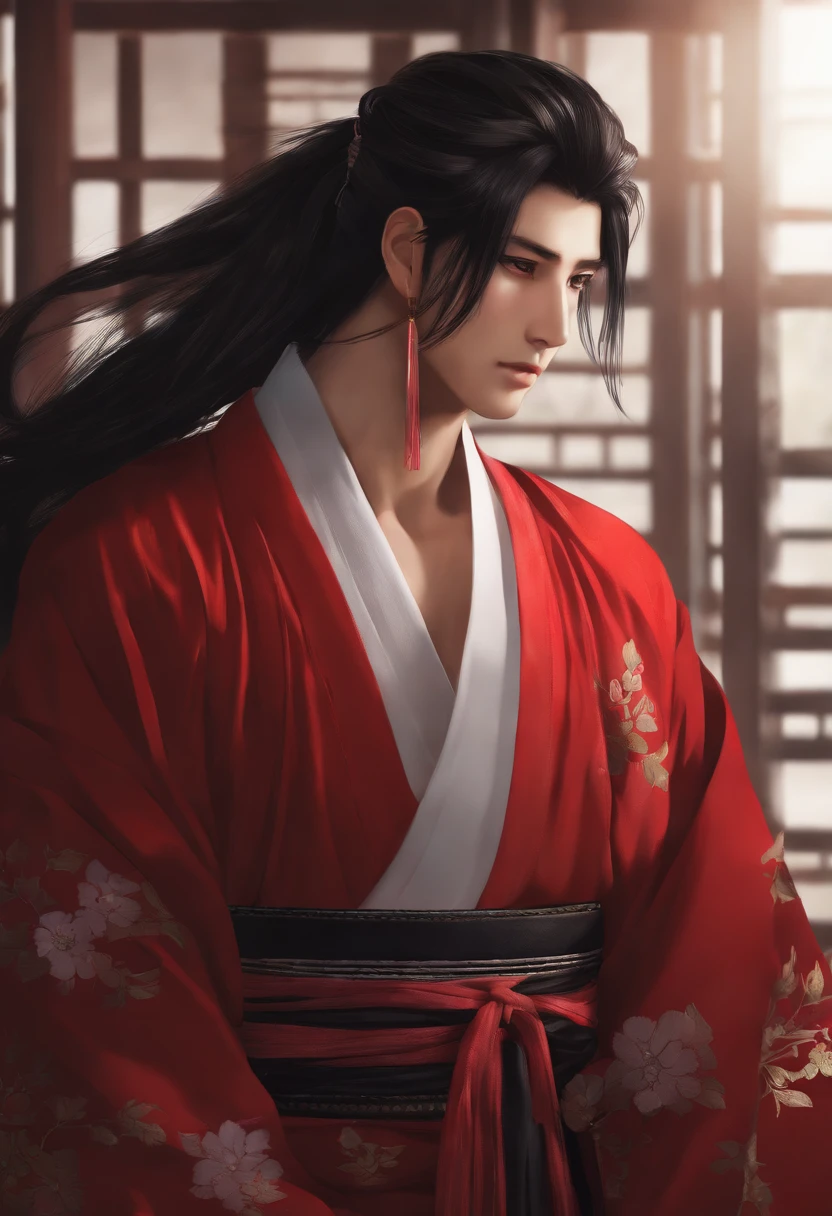 highres, sharp focus, pixiv masterpiece, ((intricate details)), highly detailed, yasuri_shichika, 1boy, male, stripe bead necklace, black hair, (spiked hair:1.1), ponytail, very long hair, red clothes, red open clothes, simple kimono, hakama