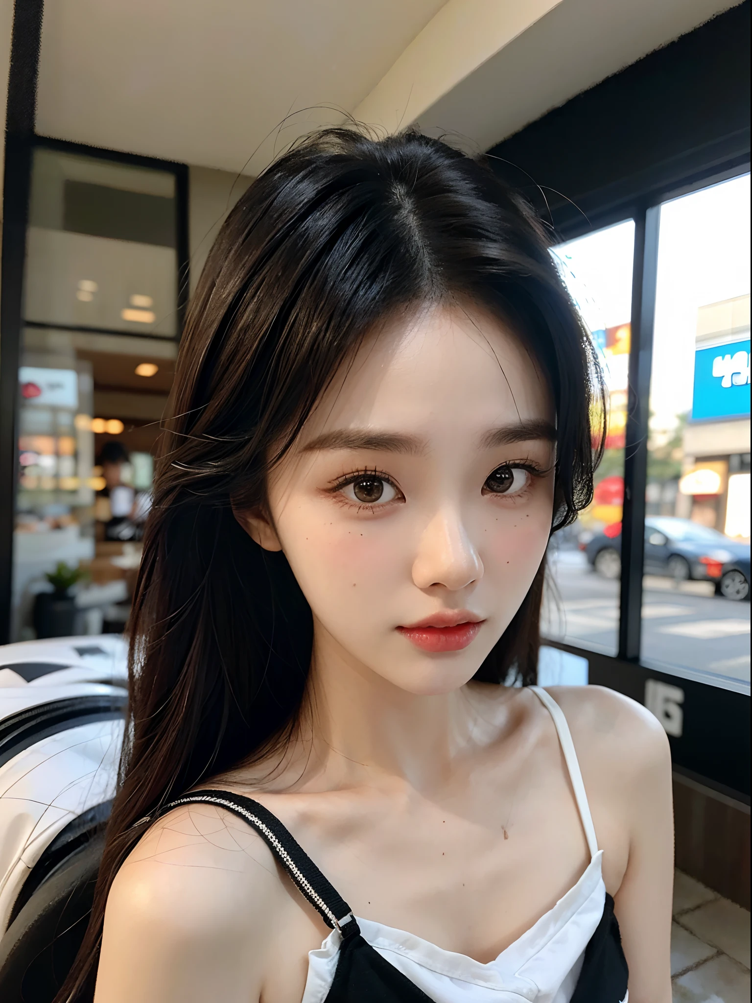 masterpiece、top-quality)、1 beutiful girl、Slim body、((Black and white plain clothes:1.1))、(Detailed beautiful eyes)、Walk around the store、((Boyish Brown Medium Hair))、((Smaller face))、((Neutral face))、((Face seen from the side))、((Light brown eyes))、((Korean Girl))、((18year old))、((cool lady))、((Wild look))、((Korean Makeup))、((elongated and sharp eyes))、((Happy dating))、((looking distantly))、((boyish))、((Shot from the same height as your face))、((Shorter than viewer))、((She is walking in front of the viewer))、((Engage your audience))