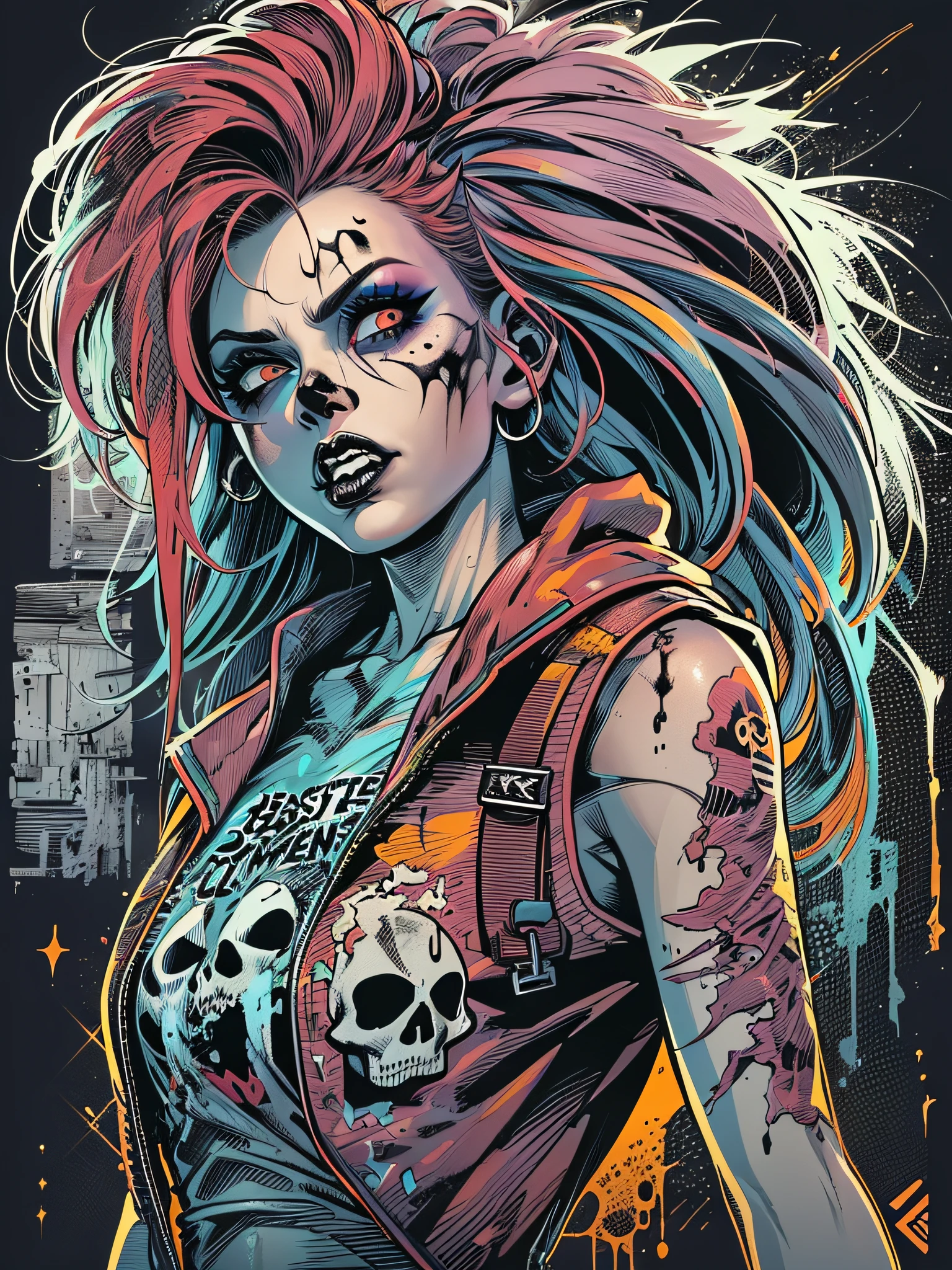 (best quality,4k,8k,High,masterpiece:1.2),ultra-detailed,(realistic,photorealistic,photorealistic:1.37), vector style, t-shirt image, Zombie Punk Style Girl, HALLOWEEN STYLE, white background , bright colors, vector image style, punk hair, Bold Makeup;, Torn clothes, graffiti elements, Skull accessories, Dark and vibrant colors, Neon Highlights, bold outlines, comic book style shading, paint splashes, spooky atmosphere