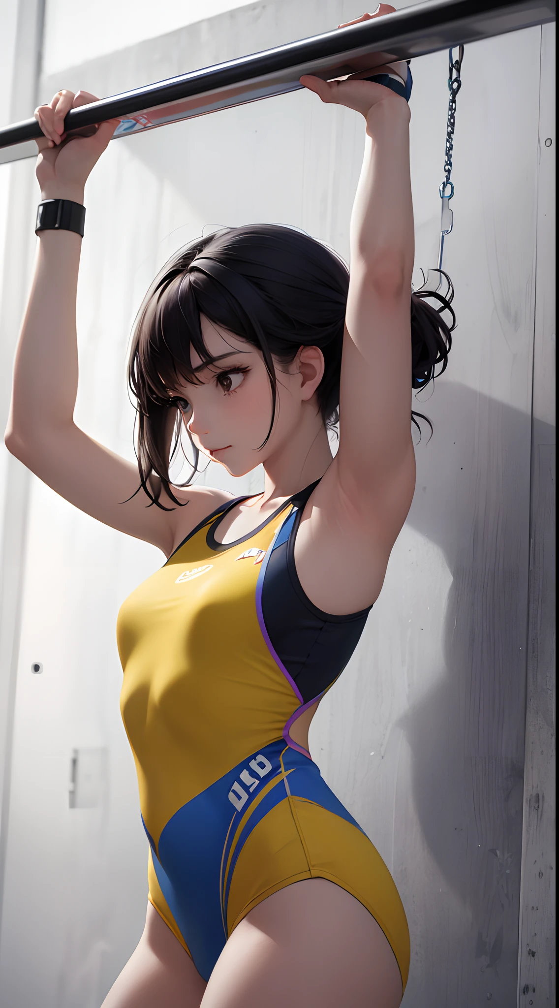 a girl,solo,Competitive artistic gymnastics,both hands holding horizontal bar,pull-up,stretched,