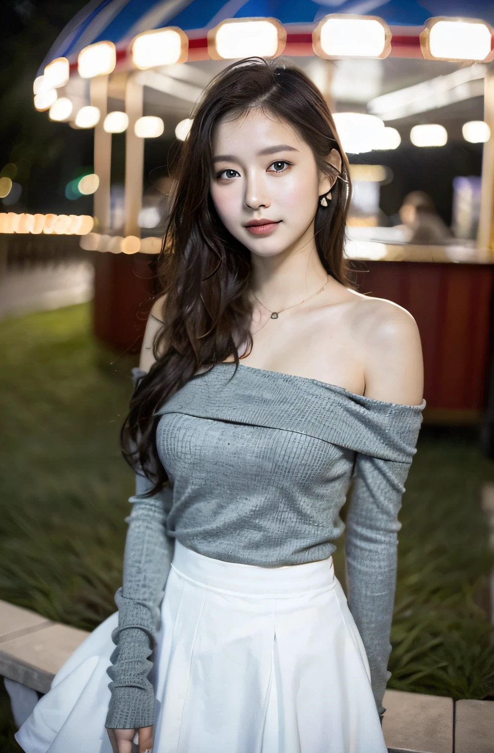 ((top-quality、​masterpiece:1.3))、((Russian beauties))、1 female:2.0、18year old、Colossal tits:1.3、Slender body type:1.1、Toned abs、Blonde semi-long hair、Detailed lips、detailedeyes、二重まぶた、blue eyess、wide Shots、(Raw photography、top-quality)、(realisitic、Photorealsitic:1.3、Magic Hour:1.5)、top-quality、​masterpiece、extremely delicate and beautiful、extremely details CG、 absurderes、A smile、Erotic face、sparklers、omatsuri、skyrocket、Slouched、Nokezoru、An amusement park、Off-shoulder white shirt:1.8、flered skirt、merry-go-round、
