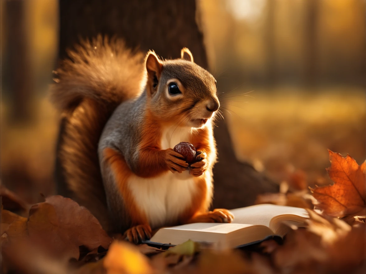 (8K, 16 K, awardwinning, of the highest quality, High resolution, super detailed, Textured skin, Anatomically correct, Photorealistic, Raw photo, masutepiece: 1.3), (1 girl), Squirrel and girl, (Big girl sitting on the ground under a tree and closing her eyes: 1.3), aerial view from above, The book is open, There are acorns on top of the book, (Squirrel holding an acorn in his hand: 1.2), Trees with autumn leaves, idyllic scenery, Healing, Autumn, leaves falling, Leaning against a tree, Detailed fingers, Detailed legs, Detailed face,
