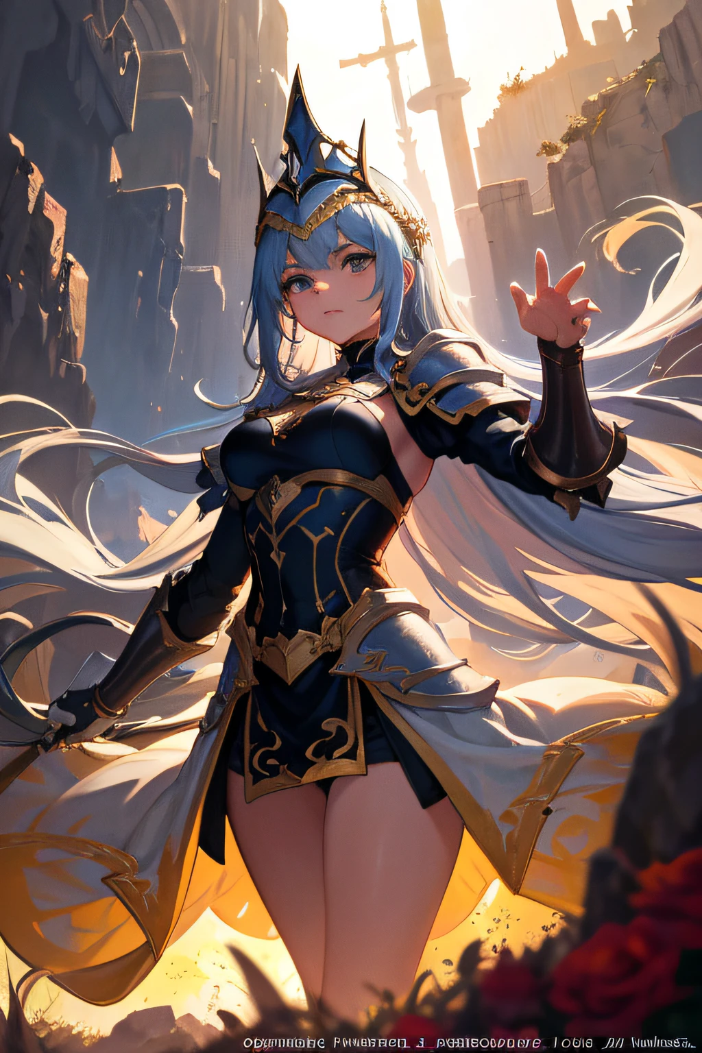 masterwork, full body, the close-up profile of a woman wearing light blue armor and dark blue scarf half kneeling on the bright ground, with a backpack