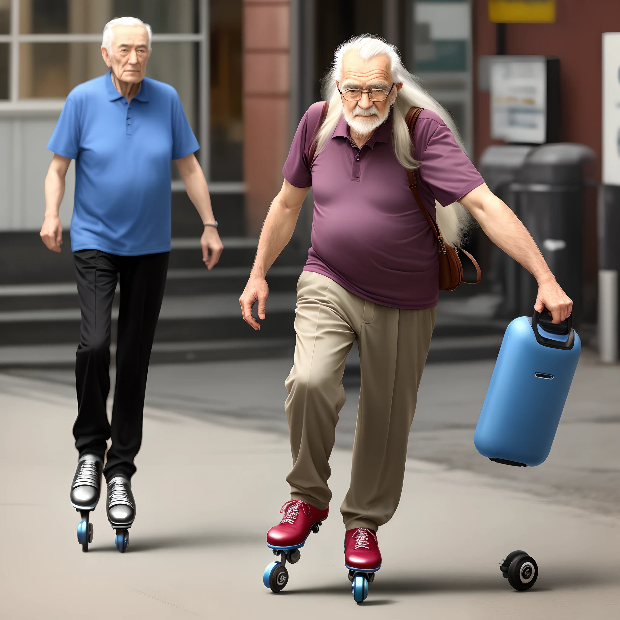 Long-haired old man in roller skates