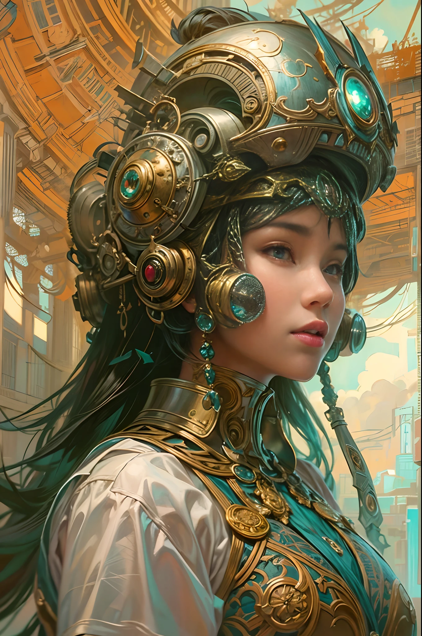 A beautiful Asian woman is walking in love hand in hand with a retro-futuristic steampunk robot, oil paint, thick brush strokes, fantasy style, art, sketch, drawing, unreal engine, greg rutkowski, loish, rhads, beeple, makoto shinkai and lois van baarle, ilya kuvshinov, rossdraws, tom bagshaw, alphonse mucha, global illumination, detailed and intricate environment