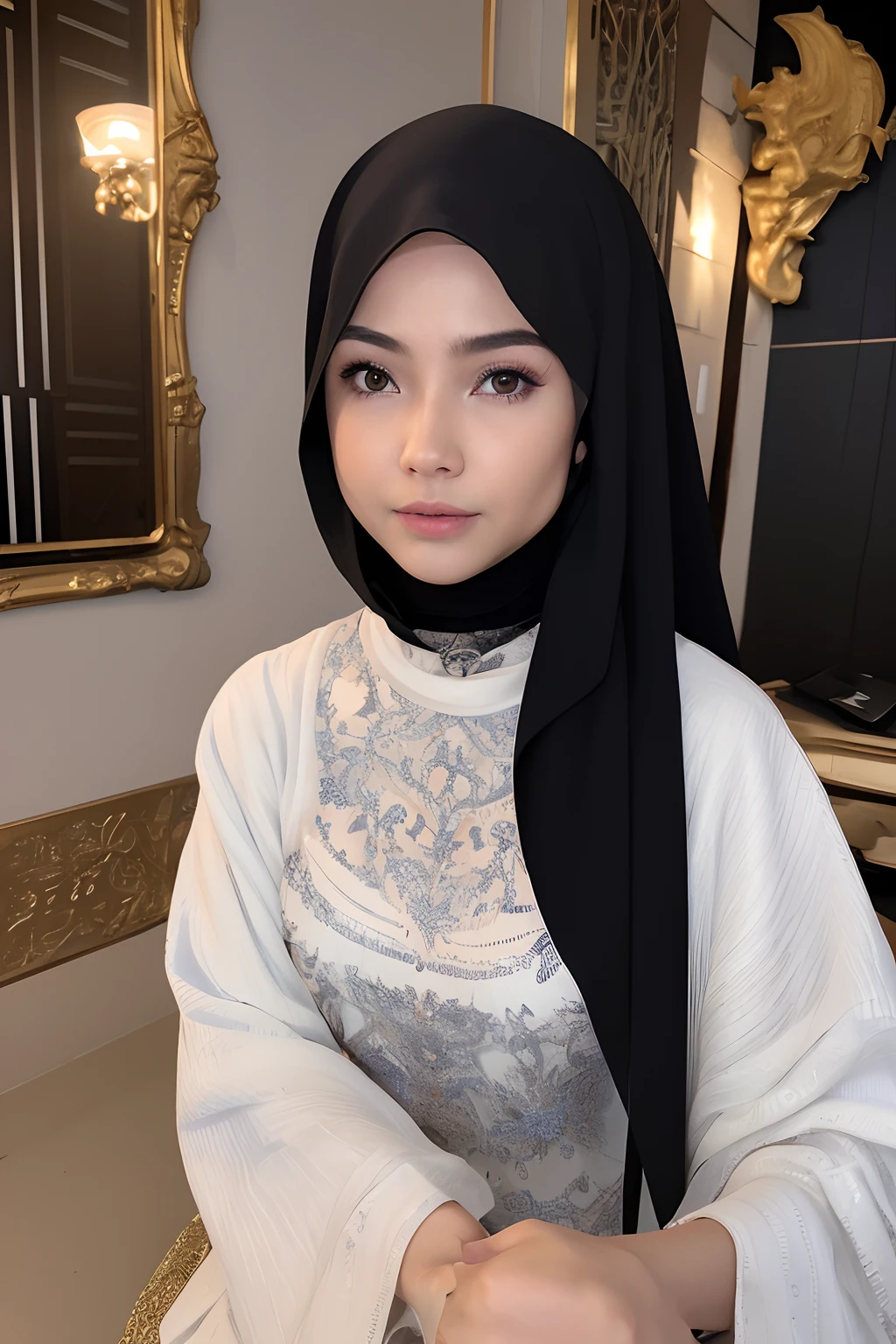 Top Quality, Masterpiece, Ultra High Resolution, (Photorealistic: 1.4), Raw Photo, 1 malay Girl, Black Hijab, Glossy Skin, 1 Mechanical Girl, (Ultra Realistic Detail)), Portrait, Global Illumination, Shadows, Octane Rendering, 8K, Ultra Sharp, Big, Cleavage Exposed Raw Skin, Metal, Intricate Ornament Details, Japan Details, Very intricate details, realistic light, CGSoation trend, purple eyes, glowing eyes, facing the camera, neon details, mechanical limbs, blood vessels connected to the tube, mechanical vertebrae attached to the back, mechanical cervical attachment to the neck, sitting, wires and cables connecting to the head, gundam, small LED lamps,