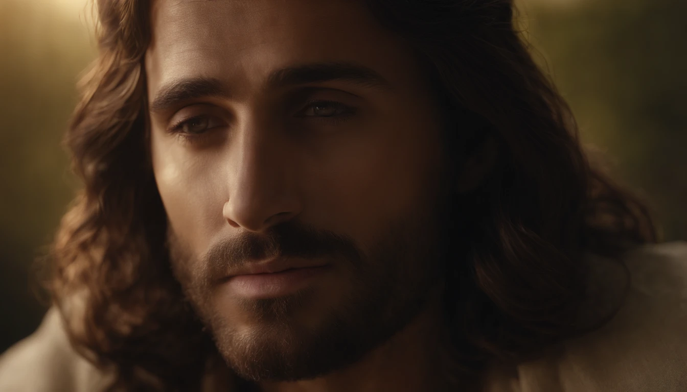 Generate an incredibly lifelike image of Jesus Christ in a serene setting with a loving and comforting expression, with dimensions set to 1280x720 pixels. Capture intricate details, including his surroundings suffused with soft, golden sunlight, while rendering his countenance with a profoundly affectionate and reassuring demeanor that evokes a deep sense of compassion and solace