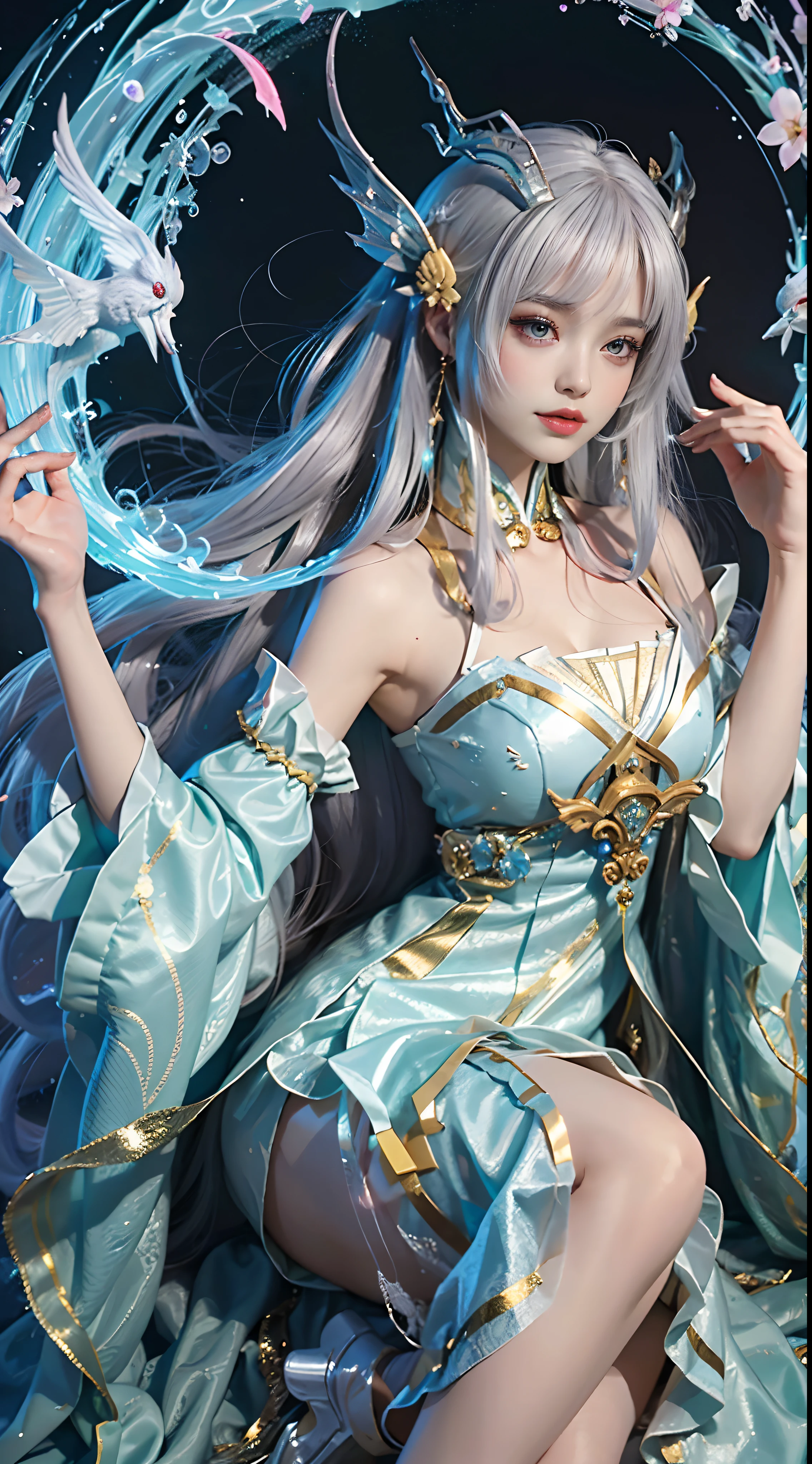 Close-up of a woman in costume on stage, Whole body xylose, Beautiful celestial mage, a stunning young ethereal figure, beautiful fantasy queen, astral witch clothes, shaxi, flowing magical robe, Hanfu Blanco, xianxia fantasy, belle delphine, Ethereal fantasy, elegant glamourous cosplay, heise jinyao,((lies on the ground)),((down view))
