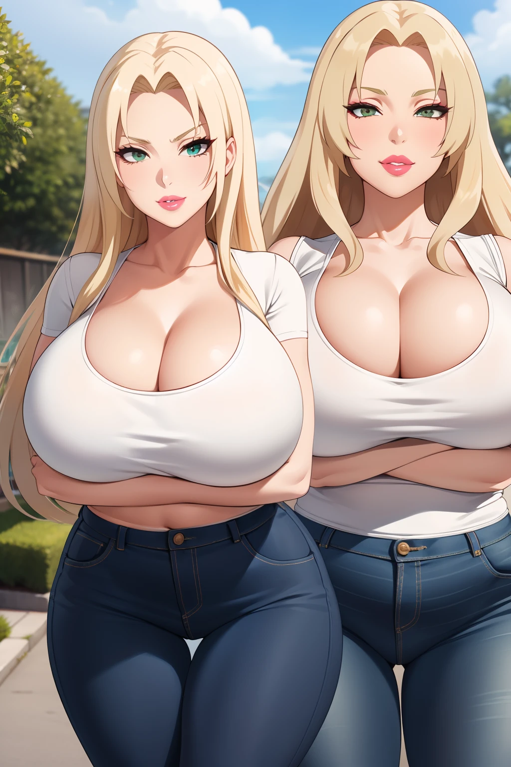 Tsunade Senju, 1 girl, ((bimbo))), long blond hair, cute smile face, puffy lips, painted lips, thick lips, wide hips, thick thighs, huge ass, craving lust face , enormous huge natural breasts, cleavage, mature mom, high waist jeans, white top, close up on upper body, crossed arms, looking up