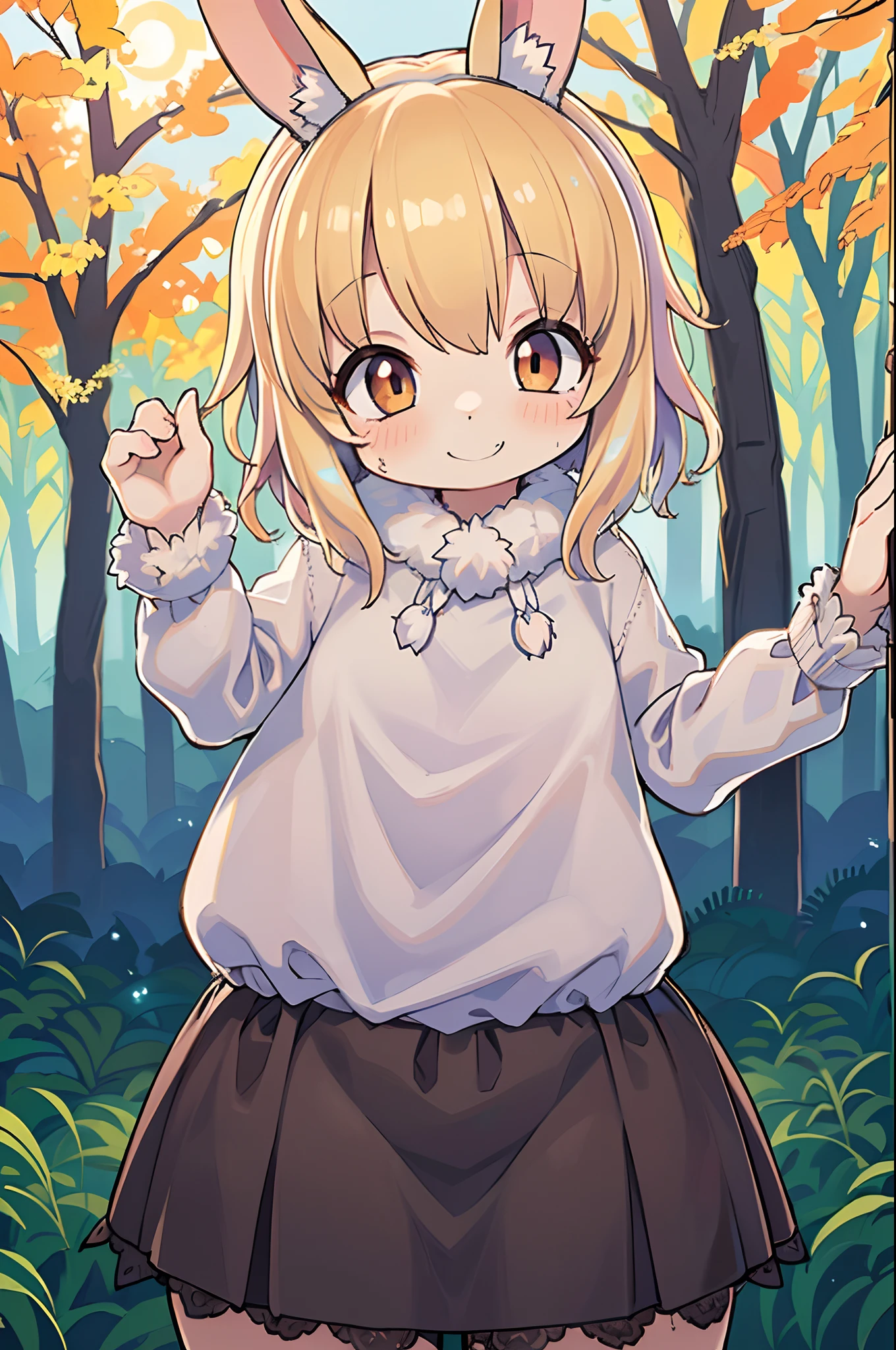 Beautiful Girl, (((((Small)))), face showing,, Short hair, brown, 8K, Professional Photography, Delicate, Clear, In the autumn forest, Sun, light  leaks, masutepiece, (Beautiful)))), (reality)))), Smile, Fantastic, Rabbit ears, 年轻