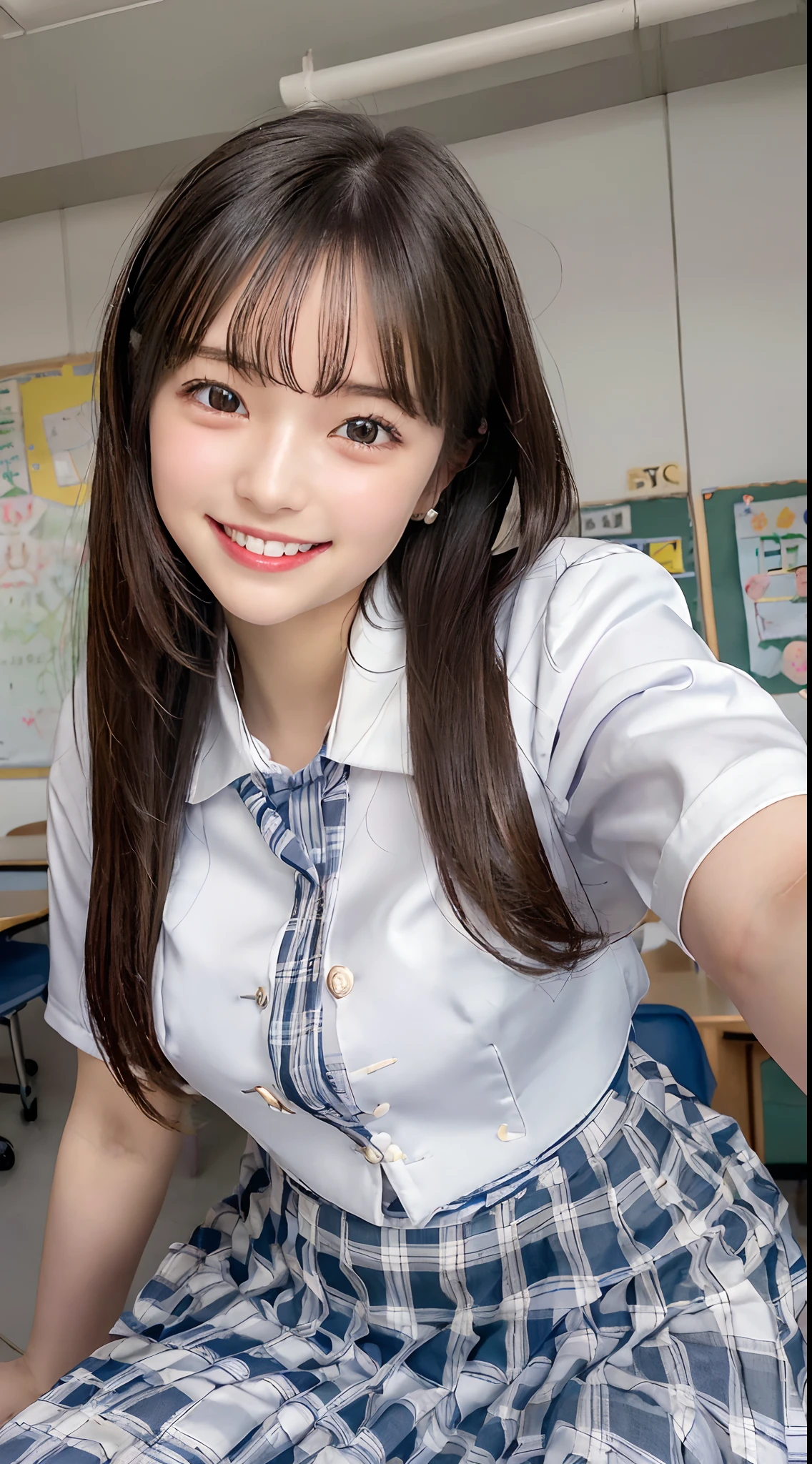 ((Angle from below:1.2)),(Angle viewed diagonally from below:1.2),Very cute woman,18year old,((School Uniforms:1.3)),A dark-haired,Hair Ribbon,Classroom,(masuter piece, Best Quality,Ultra-detailed:1.2),((A smile:1.4)),low angles