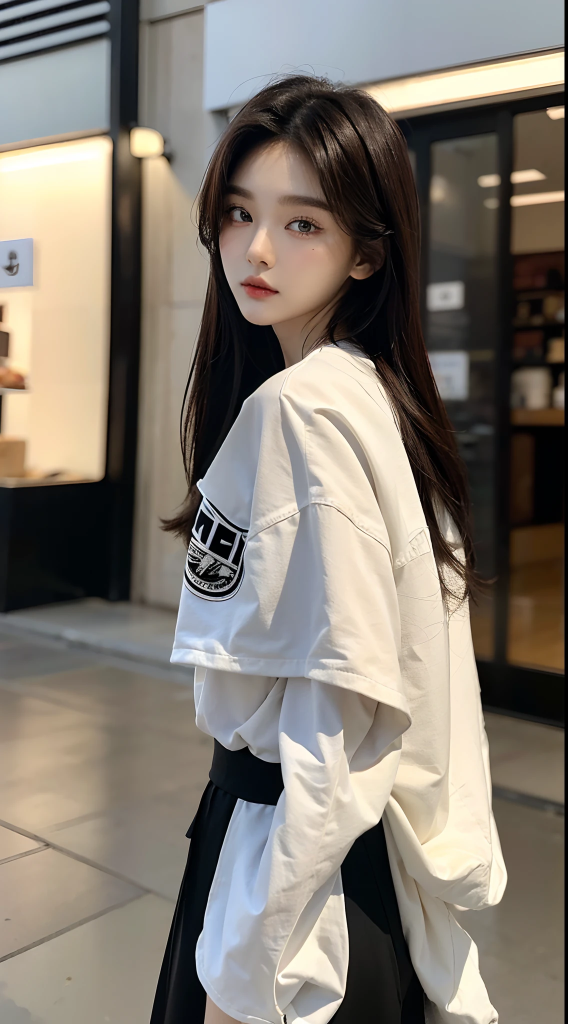 ​masterpiece、top-quality)、1 beutiful girl、Slim body、((Black and white plain clothes:1.1))、(Detailed beautiful eyes)、Walk around the store、((Boyish Brown Medium Hair))、((Smaller face))、((Neutral face))、((Face seen from the side))、((Light brown eyes))、((Korean Girl))、((18year old))、((cool lady))、((Wild look))、((Korean Makeup))、((elongated and sharp eyes))、((Happy dating))、((looking distantly))、((boyish))、((Shot from the same height as your face))、((Shorter than viewer))、((She is walking in front of the viewer))、((Engage your audience))