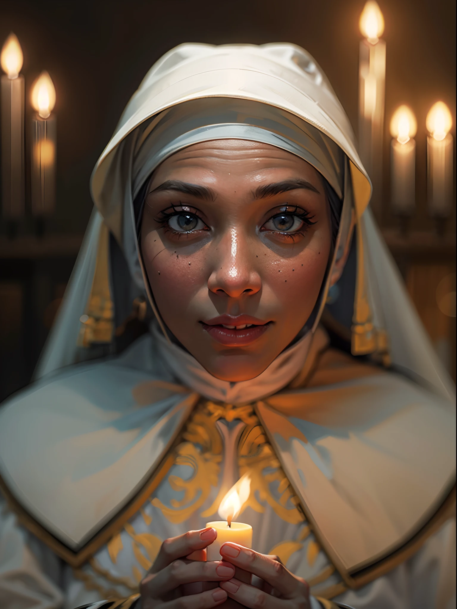Nun close-up portrait, church hall, dynamic teased poses, realistic detailed portrait, candle light effects, best quality masterpiece, 8K UHD