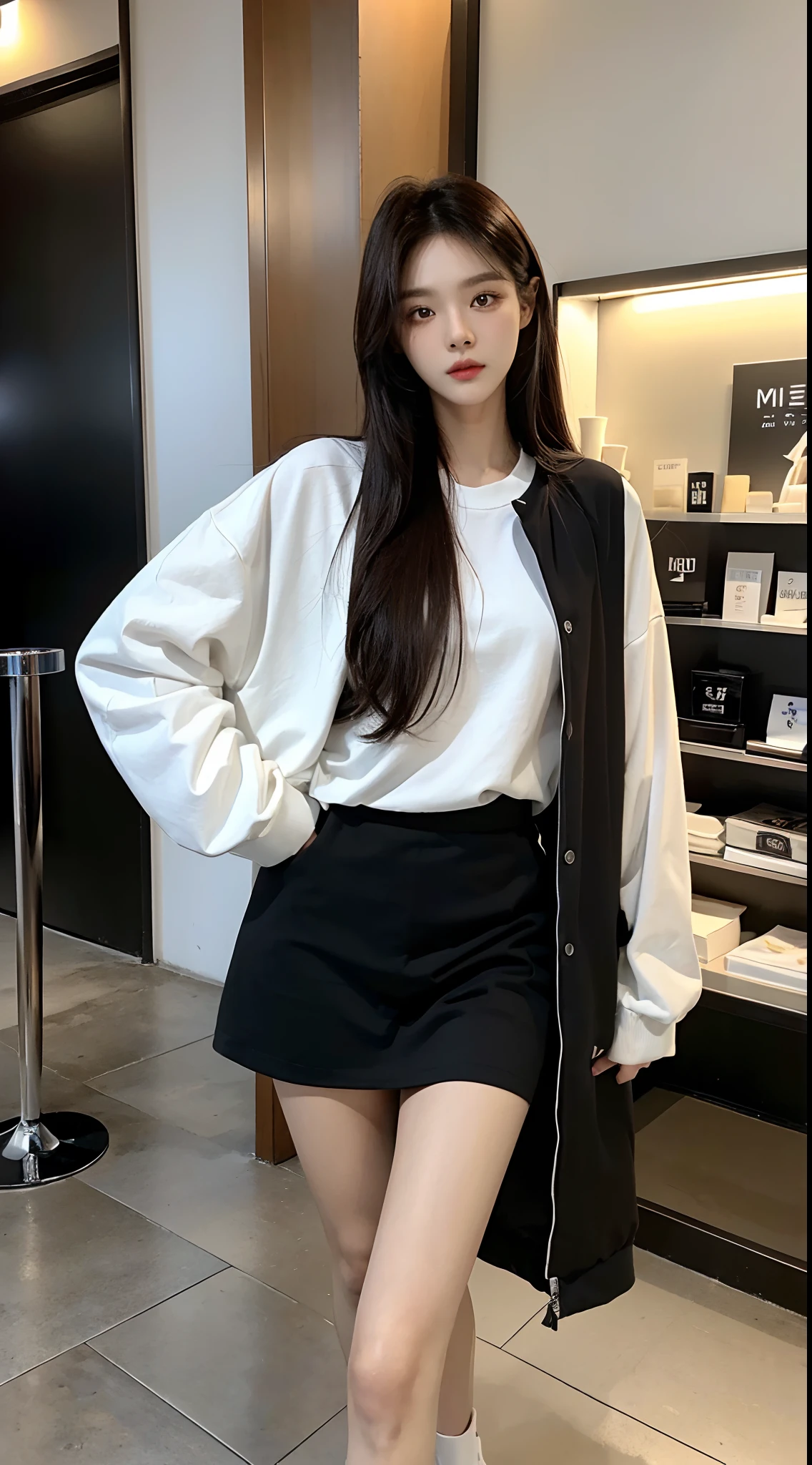 ​masterpiece、top-quality)、1 beutiful girl、Slim body、((Black and white plain clothes:1.1))、(Detailed beautiful eyes)、Walk around the store、((Boyish Brown Medium Hair))、((Smaller face))、((Neutral face))、((Face seen from the side))、((Light brown eyes))、((Korean Girl))、((18year old))、((cool lady))、((Wild look))、((Korean Makeup))、((elongated and sharp eyes))、((Happy dating))、((looking distantly))、((boyish))、((Shot from the same height as your face))、((Shorter than viewer))、((She is walking in front of the viewer))、((Engage your audience))