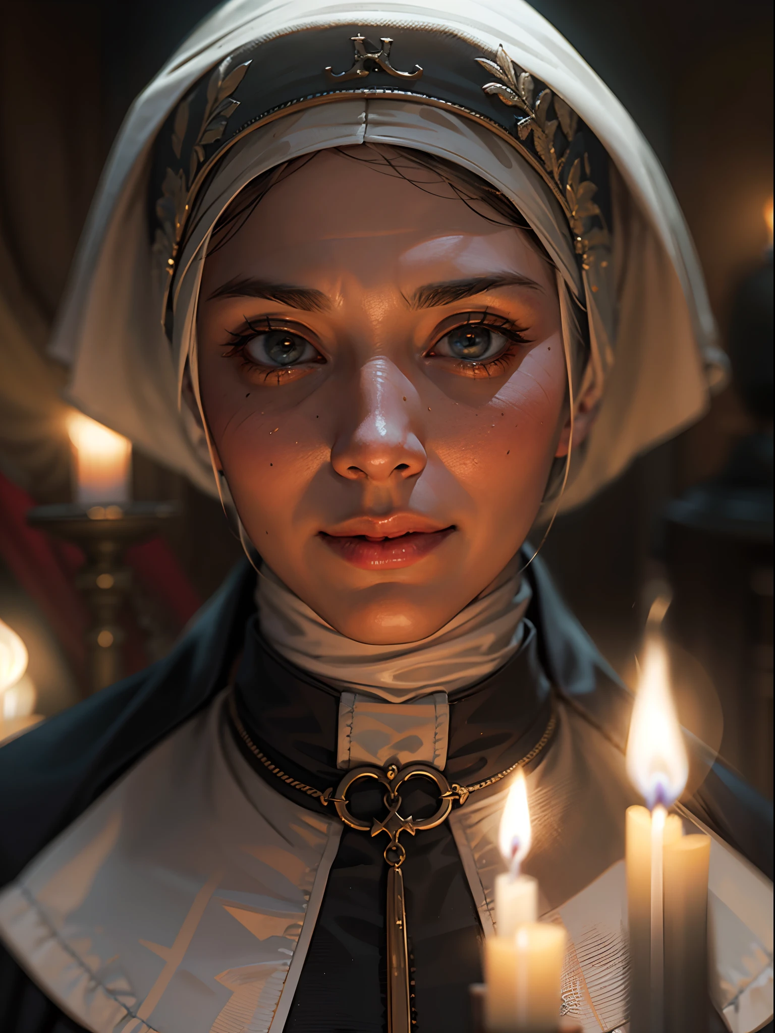 Nun close-up portrait, church hall, dynamic teased poses, realistic detailed portrait, candle light effects, best quality masterpiece, 8K UHD