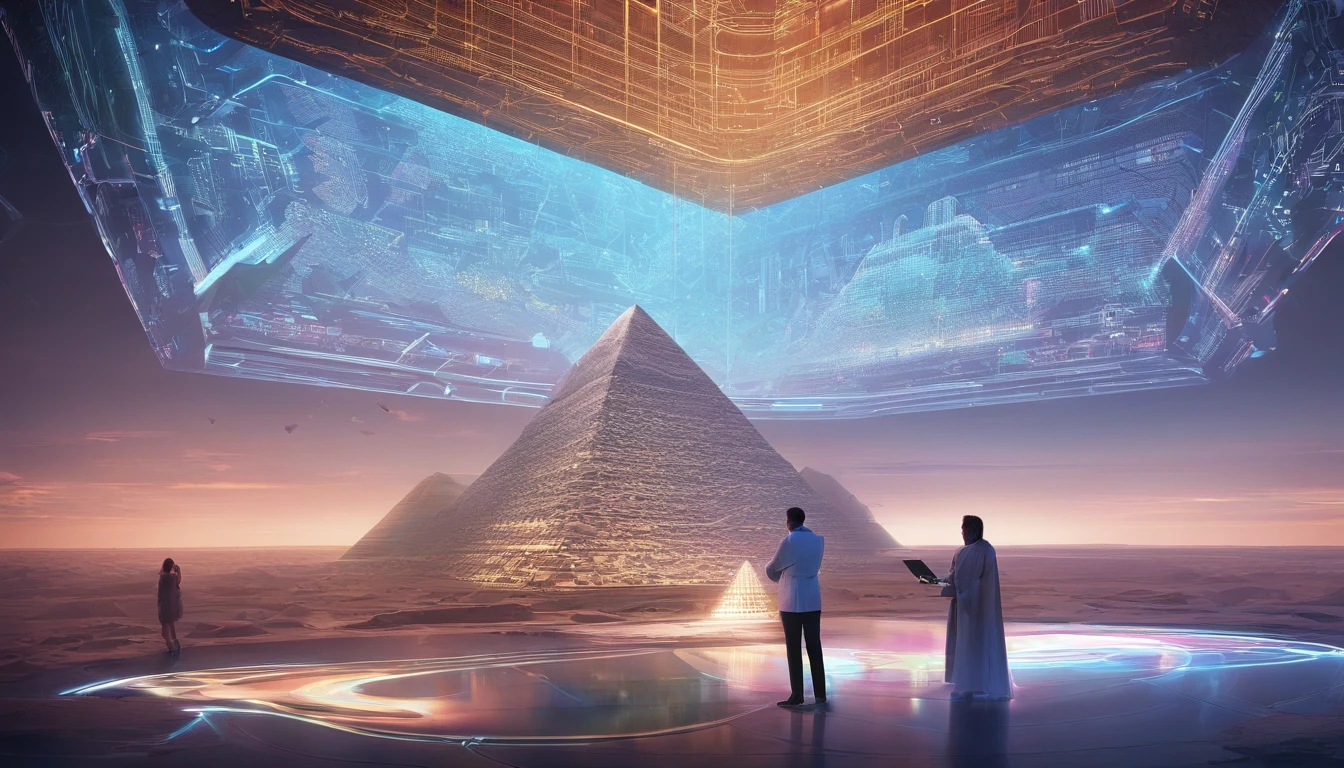 Holographic [pen on the table], a engineer standing next to the ultra translucent futuristic [pen], luminous 3d rendering, techcore, projected image of egyptian pyramid to display information, digital display, transparent, hologram, 3d rendering, intricate details, highly detailed, tech laboratory, rich colours, clean sharp focus , photorealistic , ultra-detailed --ar 4:5 --style raw