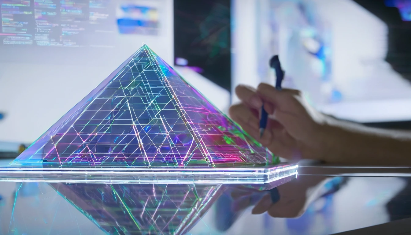 Holographic [pen on the table], a engineer standing next to the ultra translucent futuristic [pen], luminous 3d rendering, techcore, projected image of egyptian pyramid to display information, digital display, transparent, hologram, 3d rendering, intricate details, highly detailed, tech laboratory, rich colours, clean sharp focus , photorealistic , ultra-detailed --ar 4:5 --style raw