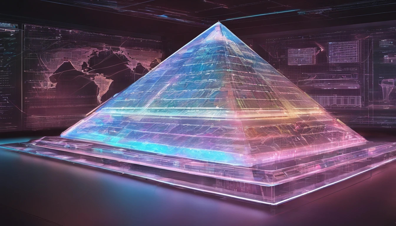 Holographic [pen on the table], a engineer standing next to the ultra translucent futuristic [pen], luminous 3d rendering, techcore, projected image of egyptian pyramid to display information, digital display, transparent, hologram, 3d rendering, intricate details, highly detailed, tech laboratory, rich colours, clean sharp focus , photorealistic , ultra-detailed --ar 4:5 --style raw