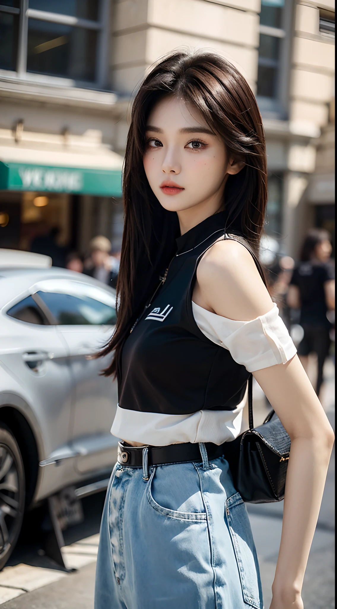 masterpiece、top-quality)、1 beutiful girl、Slim body、((Black and white plain clothes:1.1))、(Detailed beautiful eyes)、Walk around the store、((Boyish Brown Medium Hair))、((Smaller face))、((Neutral face))、((Face seen from the side))、((Light brown eyes))、((Korean Girl))、((18year old))、((cool lady))、((Wild look))、((Korean Makeup))、((elongated and sharp eyes))、((Happy dating))、((looking distantly))、((boyish))、((Shot from the same height as your face))、((Shorter than viewer))、((She is walking in front of the viewer))、((Engage your audience))