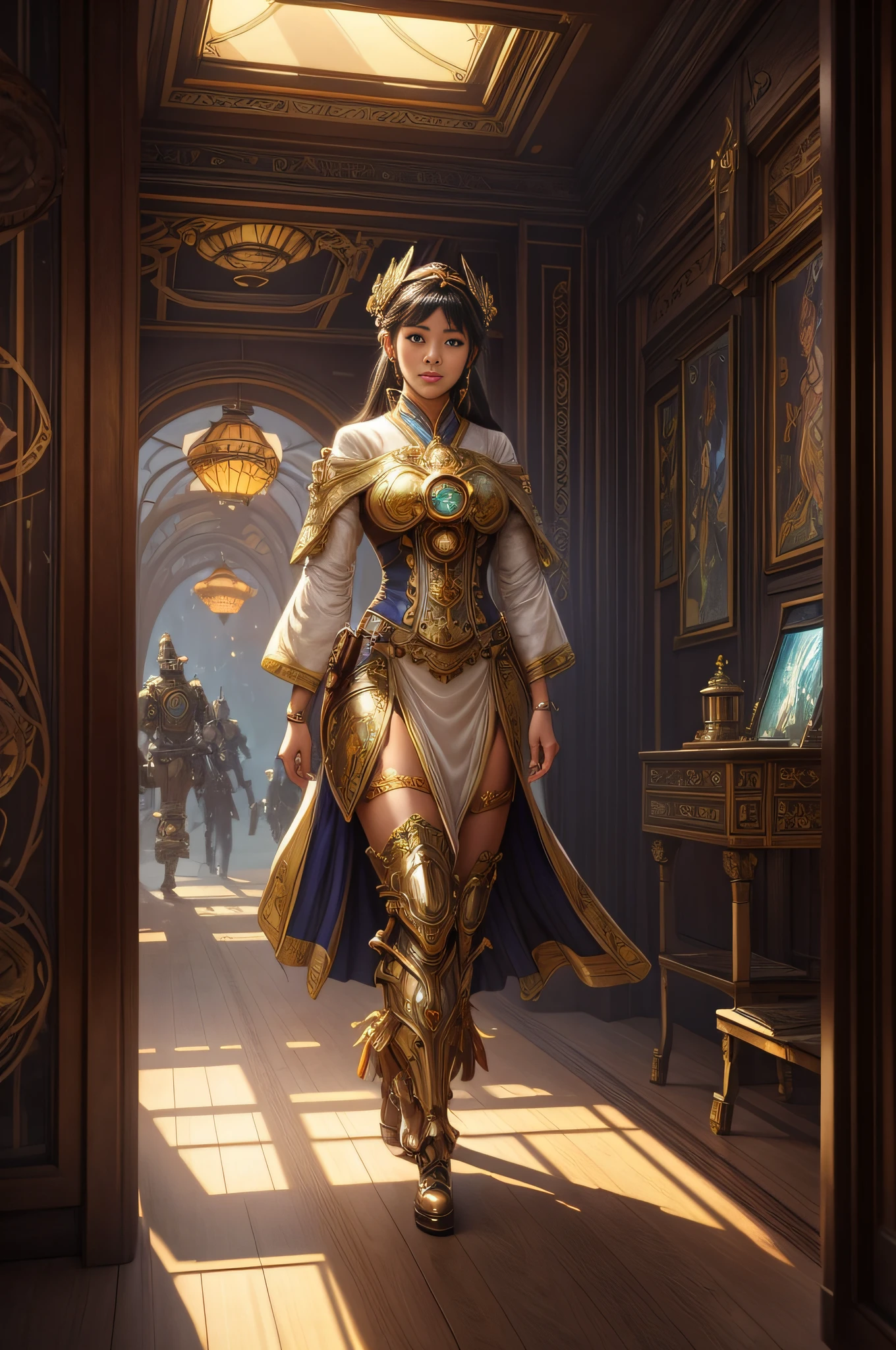 A beautiful Asian woman is walking in love hand in hand with a retro-futuristic steampunk robot, oil paint, thick brush strokes, fantasy style, art, sketch, drawing, unreal engine, greg rutkowski, loish, rhads, beeple, makoto shinkai and lois van baarle, ilya kuvshinov, rossdraws, tom bagshaw, alphonse mucha, global illumination, detailed and intricate environment