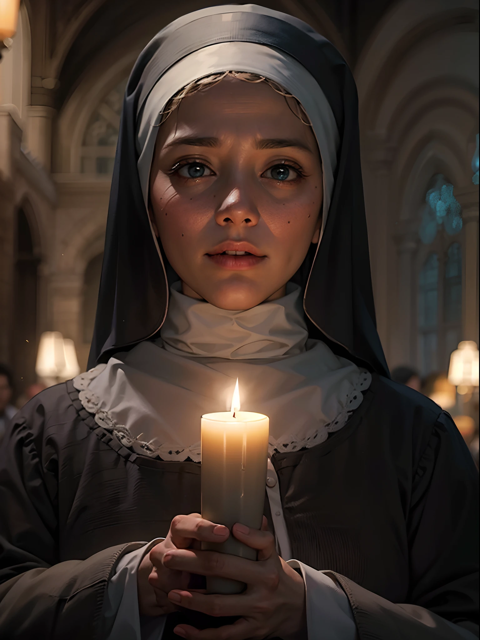 Woman in white dress holding a candle in a dark room