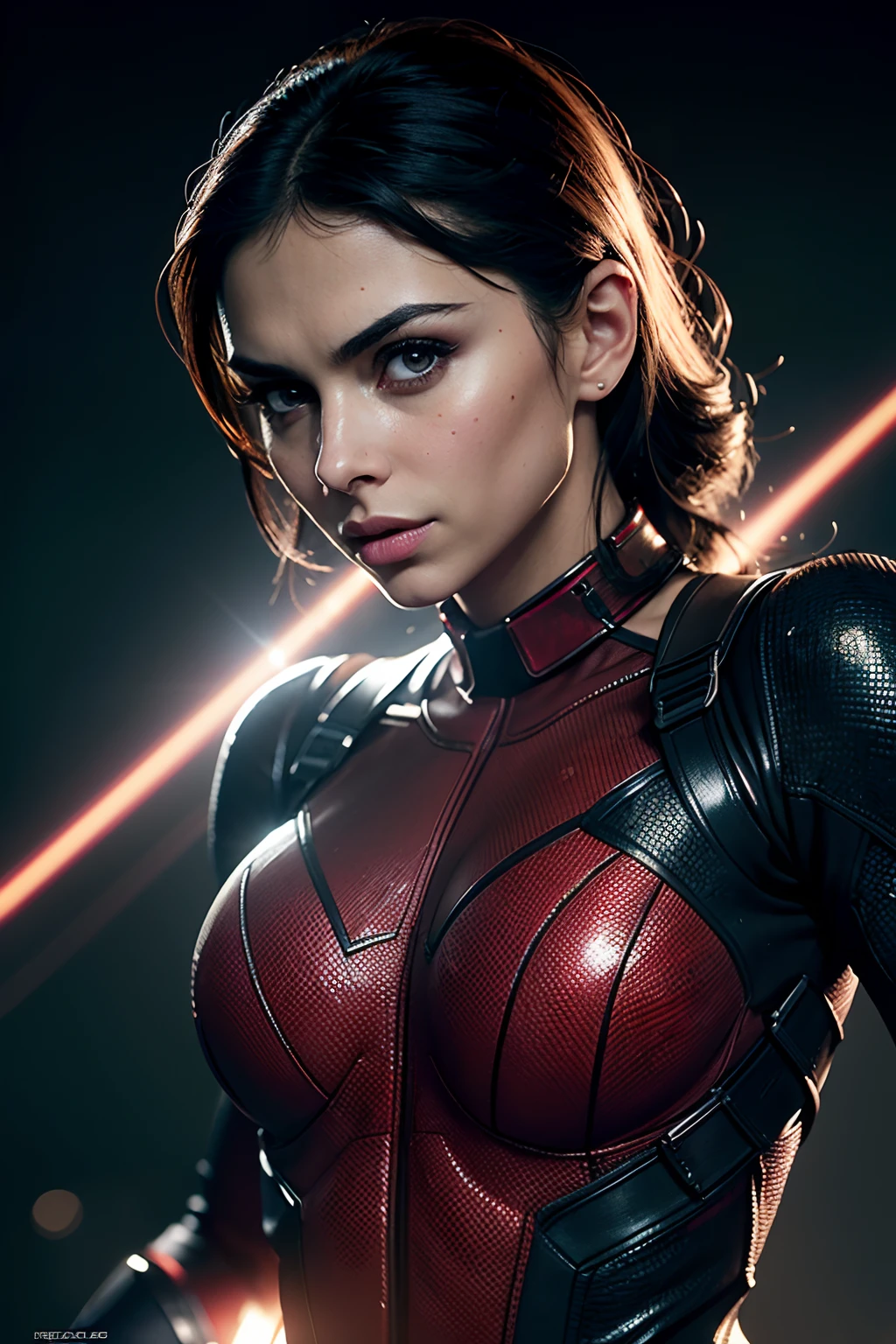 Morena Baccarin as Deadpool, glowing lights, (superhero pose), (hyper realistic:1.4), (realistic:1.3), (best quality real texture skin), full body, (Cinematic Light), highly detailed skin, skin pores, (highly detailed face:1.1), (highly detailed eyes:1.1), realistic pupils, (perfect anatomy:1.1), (perfect proportions:1.1), (photography:1.1), (photorealistic:1.1), volumetric lighting, dynamic lighting, real shadows, (highres:1.1), sharp focus, daylight, (realistic, hyperrealistic:1.4), intricate, high detail, dramatic, subsurface scattering, big depth of field, vivid, polished, sharpened, ((full Sharp)), (extremely absurdres),8k hdr