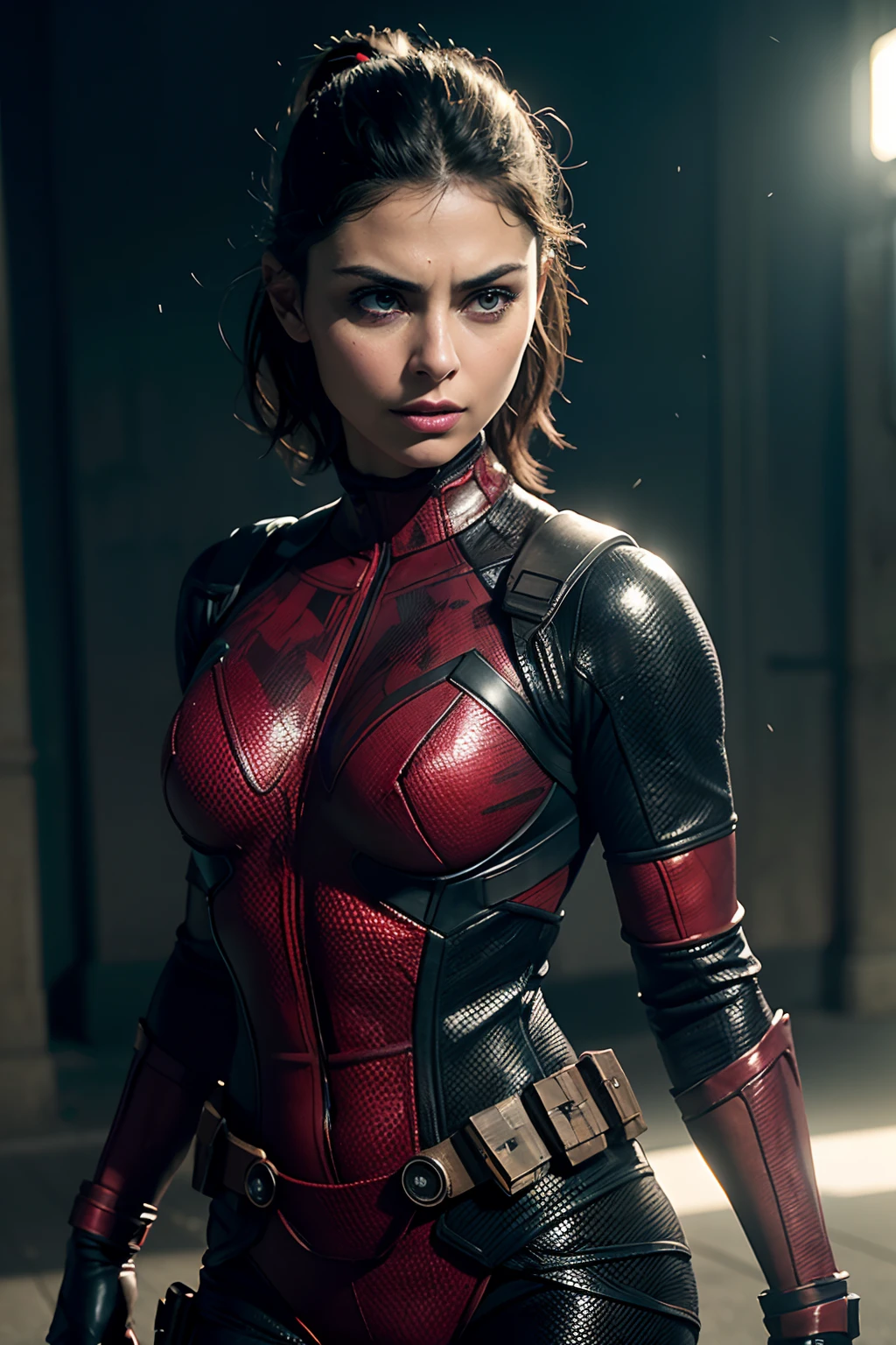 Morena Baccarin as Deadpool,  glowing lights, (superhero pose), (hyper realistic:1.4), (realistic:1.3), (best quality real texture skin), full body, (Cinematic Light), highly detailed skin, skin pores, (highly detailed face:1.1), (highly detailed eyes:1.1), realistic pupils, (perfect anatomy:1.1), (perfect proportions:1.1), (photography:1.1), (photorealistic:1.1), volumetric lighting, dynamic lighting, real shadows, (highres:1.1), sharp focus, daylight, (realistic, hyperrealistic:1.4), intricate, high detail, dramatic, subsurface scattering, big depth of field, vivid, polished, sharpened, ((full Sharp)), (extremely absurdres),8k hdr