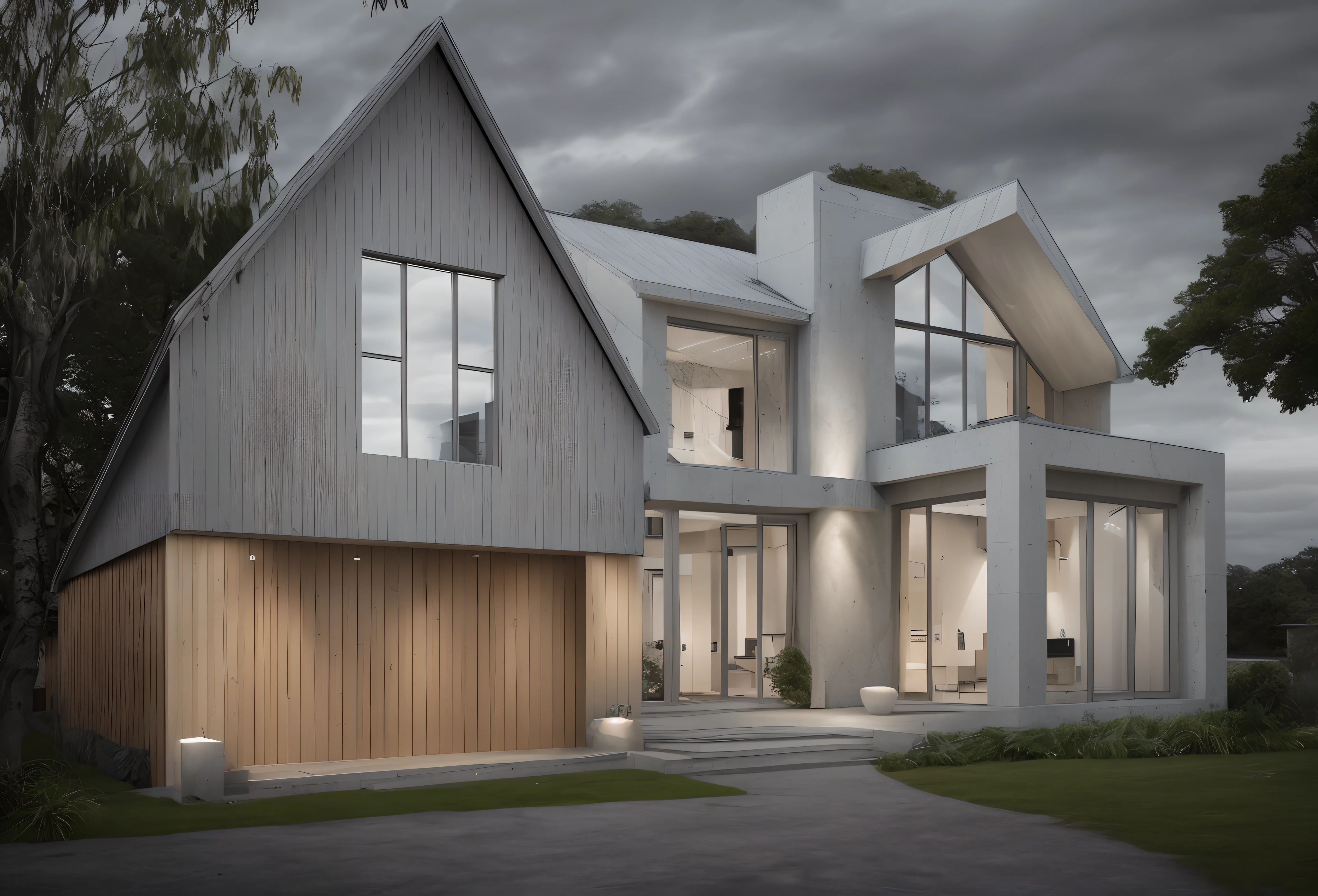 gable roof, modern Scandinavian house, floor-to-ceiling windows, smooth limestone accents, wood accents, exterior design, award winning render, contemporary house, a photorealistic rendering, fully detailed render, large modern residence, 4k, dusk, dramatic exterior lighting