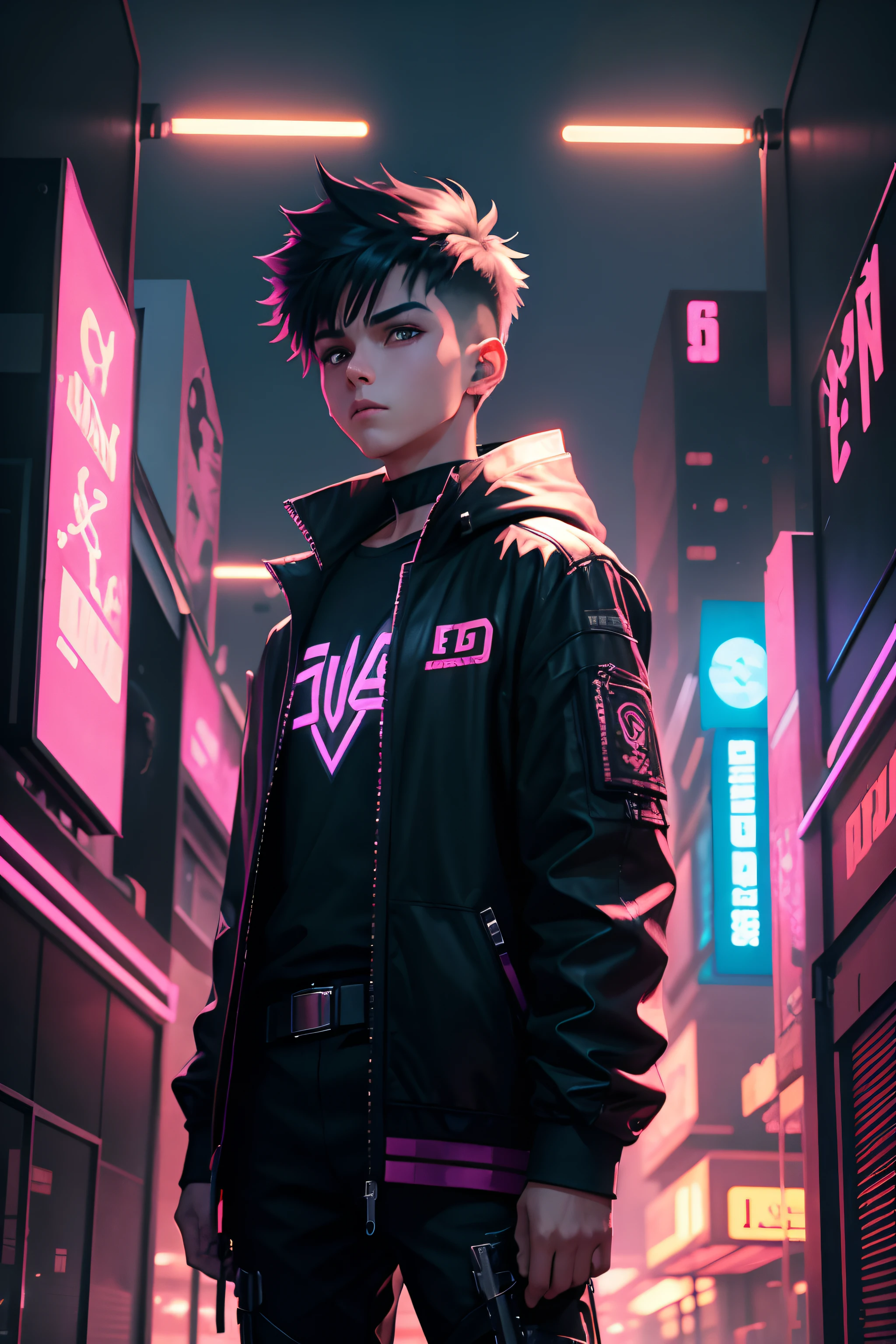 a boy background neon,8k,cyberpunk ,anime 