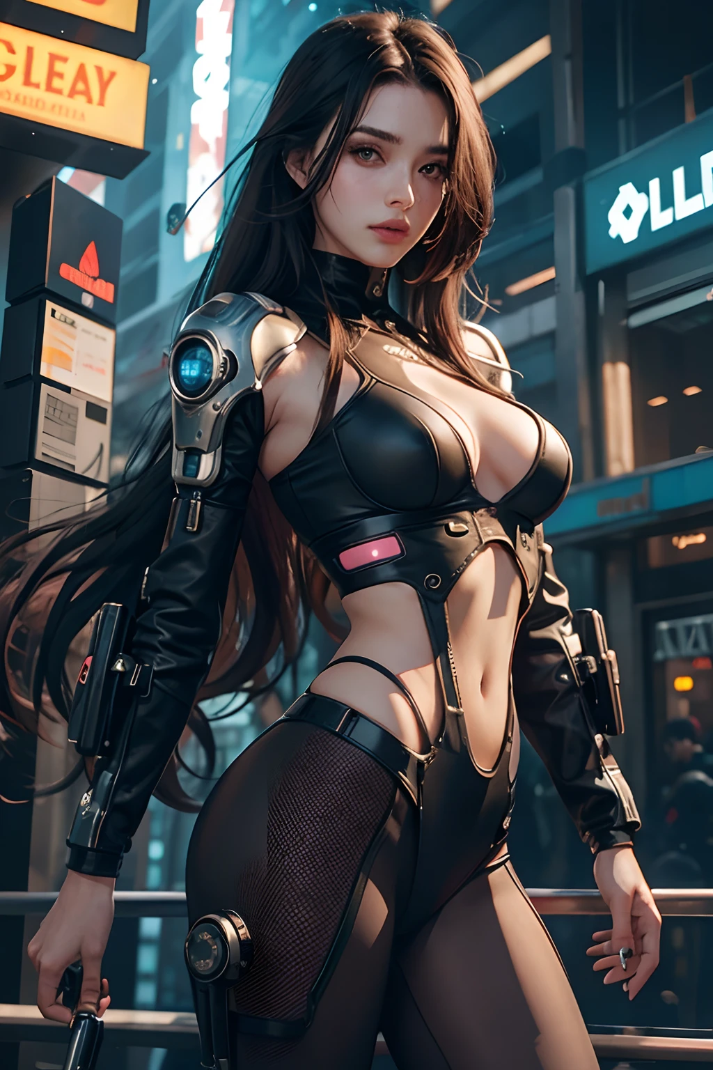 Beautiful girl in cyberpunk scene medium breasts, long hair, mechanical arms, see-through